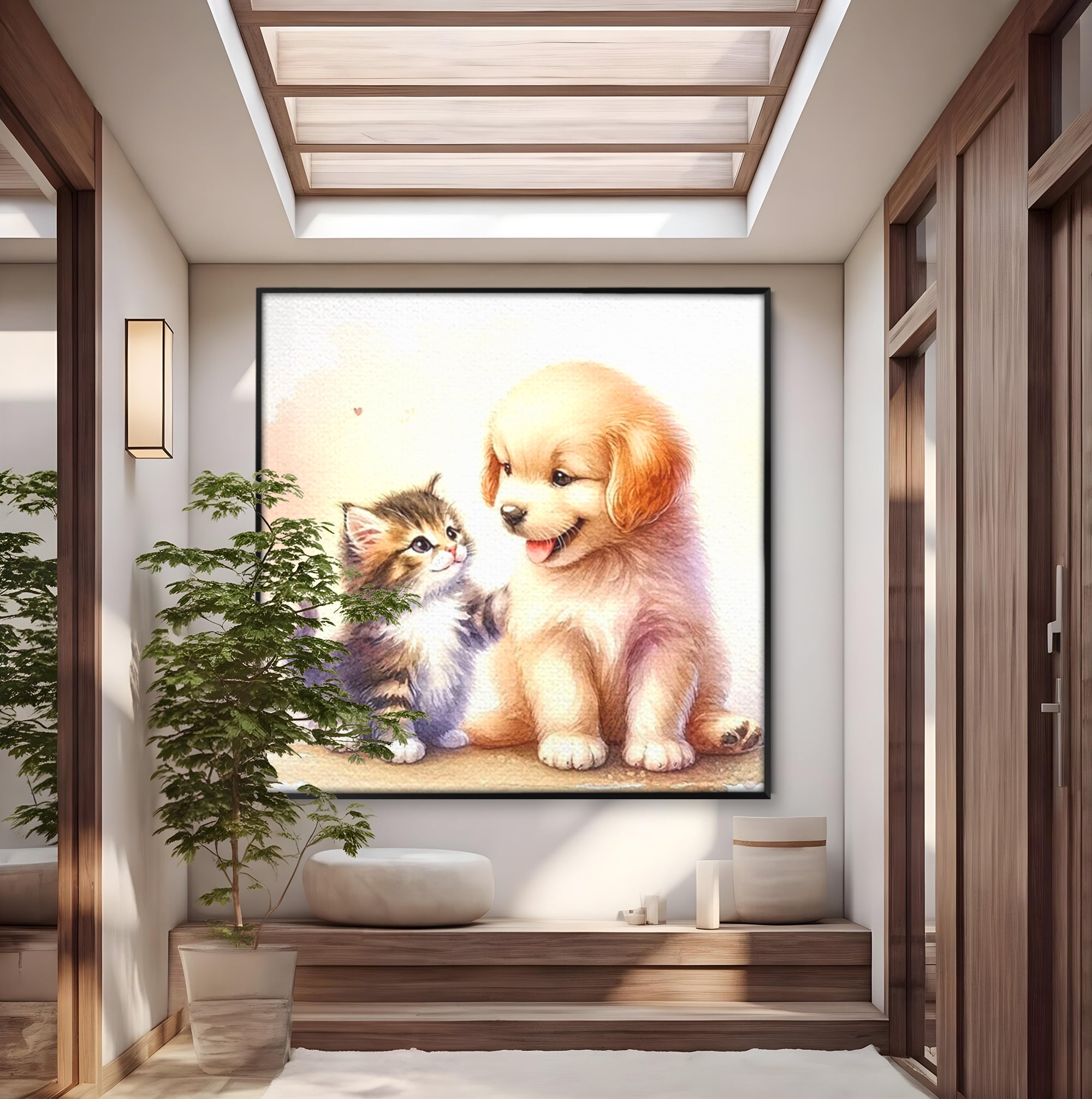 Leinwand Wandkunst Leinwand Wandkunst Premium, LuxCanva® K1056, Kleine Entdecker, Freundschaft, Welpe, Kätzchen, spielen, verspielt, verspielt, Huhn, Unschuld, Babyzimmer, Schlafzimmer