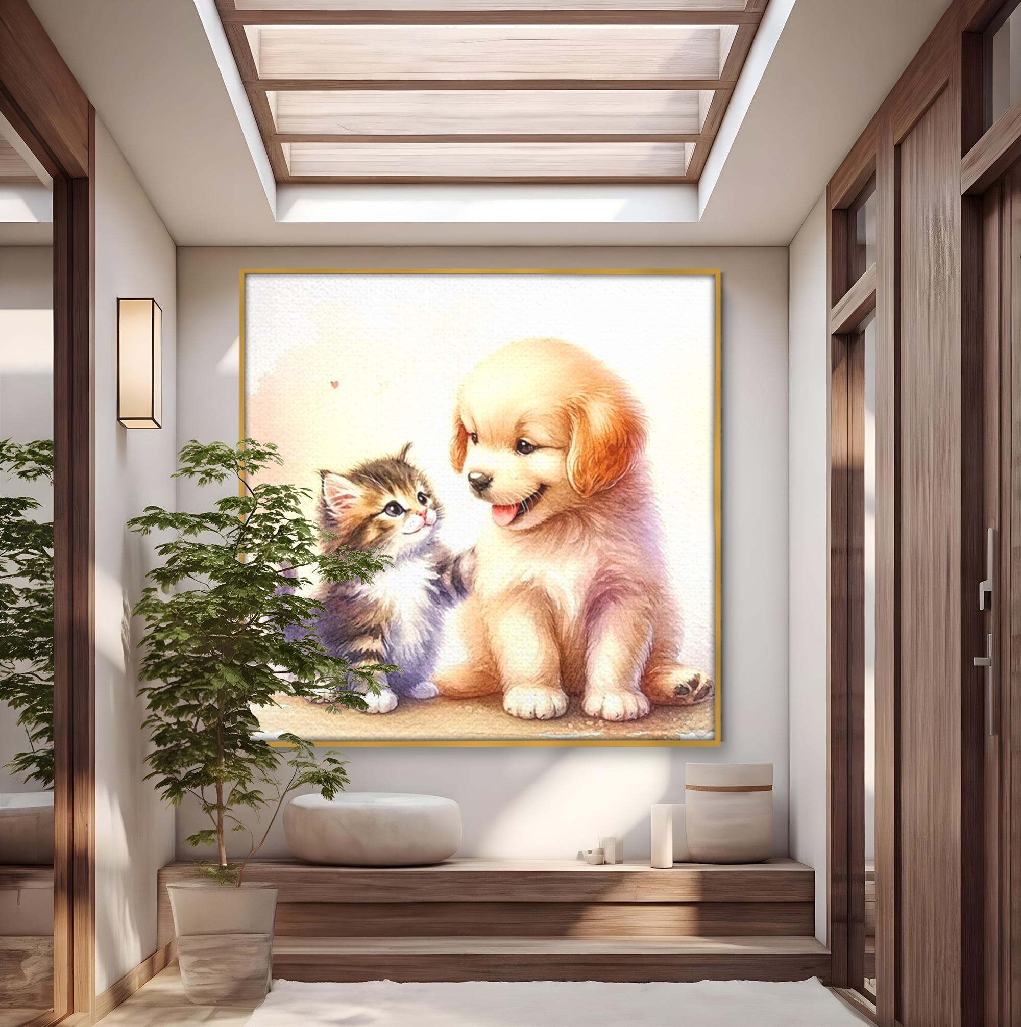Leinwand Wandkunst Leinwand Wandkunst Premium, LuxCanva® K1056, Kleine Entdecker, Freundschaft, Welpe, Kätzchen, spielen, verspielt, verspielt, Huhn, Unschuld, Babyzimmer, Schlafzimmer