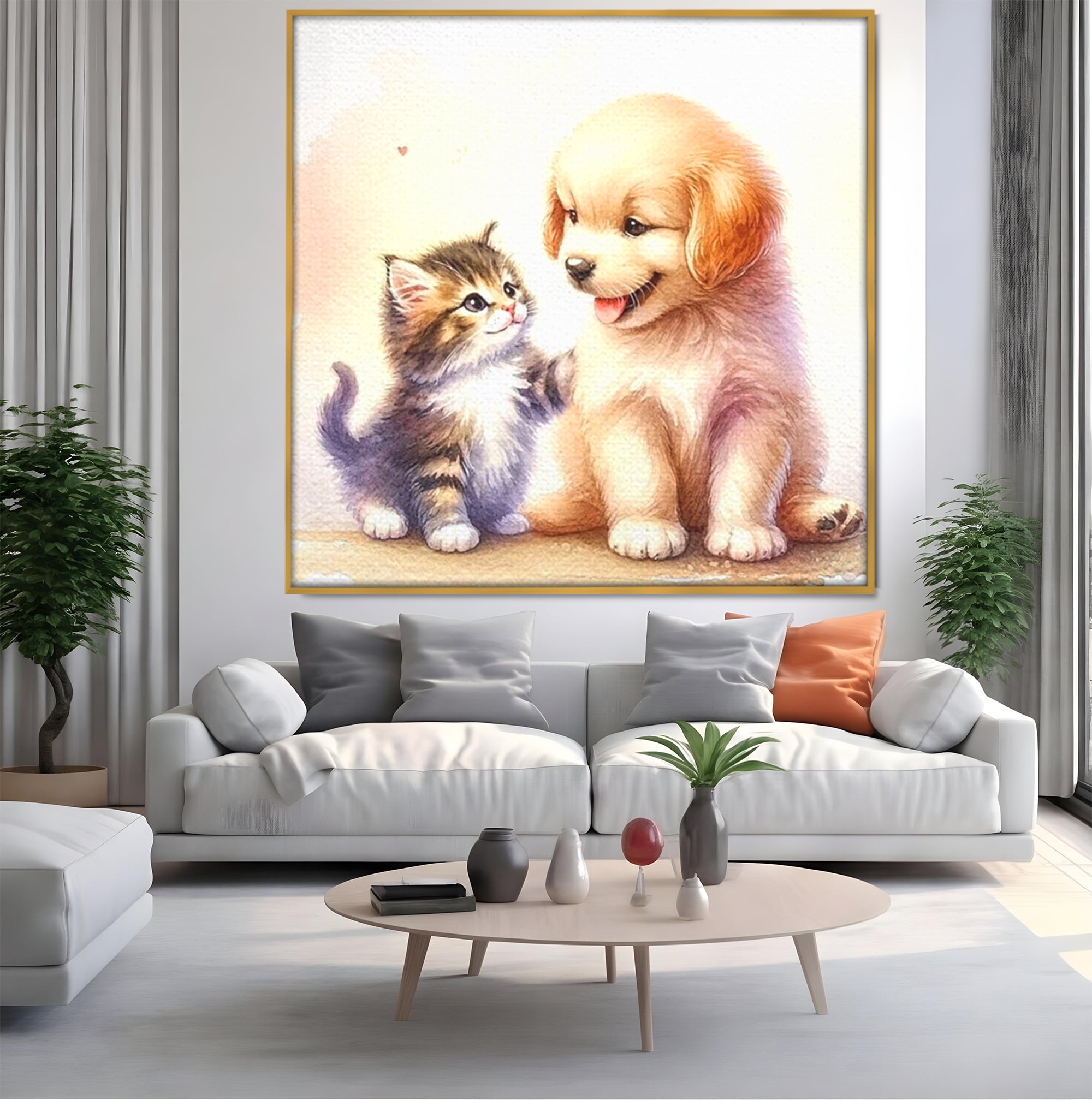 Leinwand Wandkunst Leinwand Wandkunst Premium, LuxCanva® K1056, Kleine Entdecker, Freundschaft, Welpe, Kätzchen, spielen, verspielt, verspielt, Huhn, Unschuld, Babyzimmer, Schlafzimmer