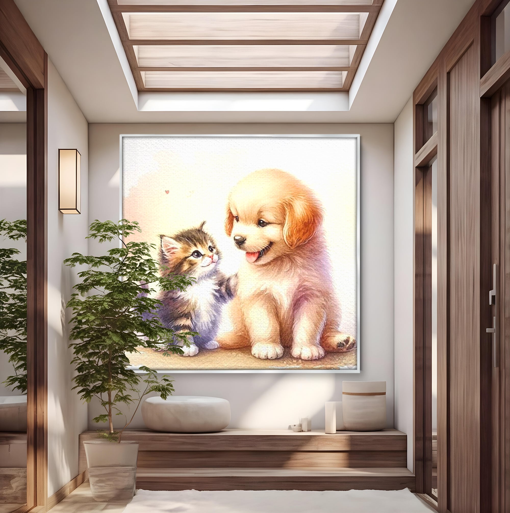 Leinwand Wandkunst Leinwand Wandkunst Premium, LuxCanva® K1056, Kleine Entdecker, Freundschaft, Welpe, Kätzchen, spielen, verspielt, verspielt, Huhn, Unschuld, Babyzimmer, Schlafzimmer