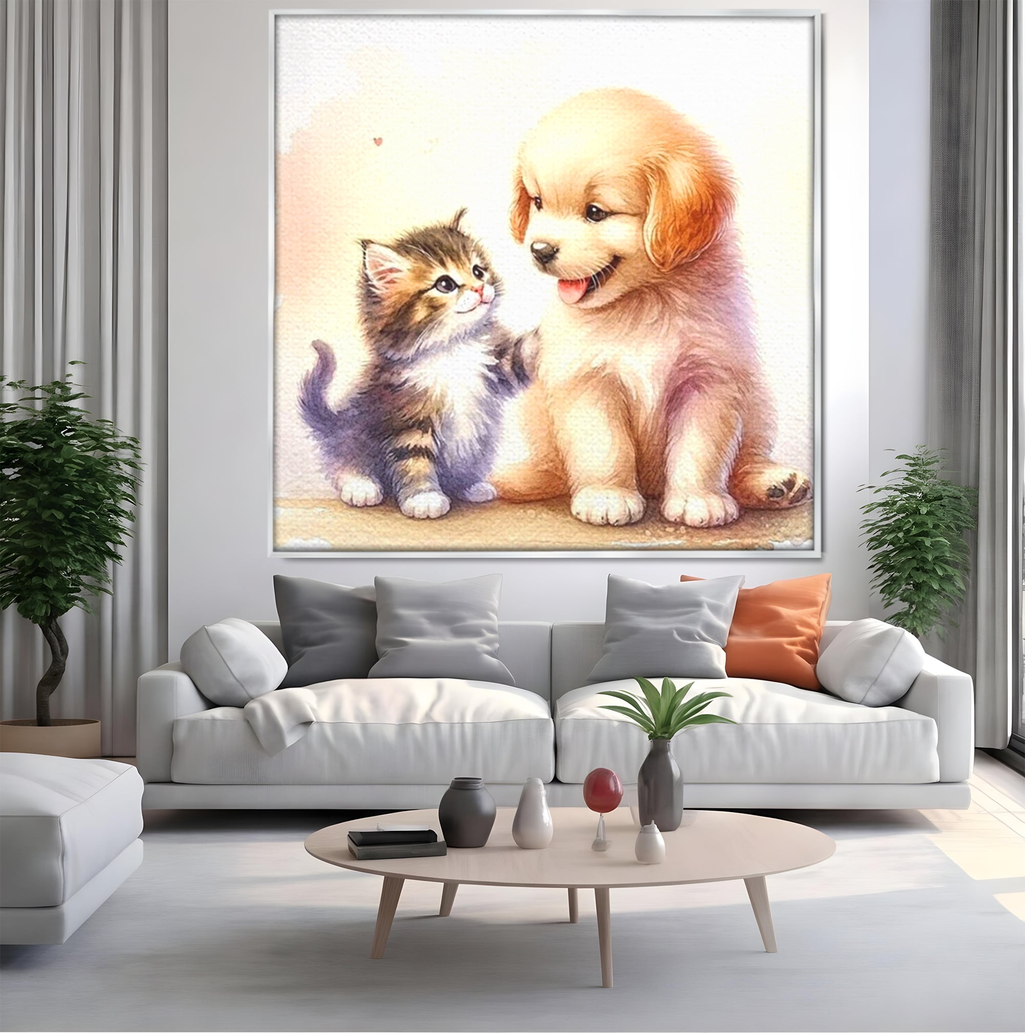 Leinwand Wandkunst Leinwand Wandkunst Premium, LuxCanva® K1056, Kleine Entdecker, Freundschaft, Welpe, Kätzchen, spielen, verspielt, verspielt, Huhn, Unschuld, Babyzimmer, Schlafzimmer