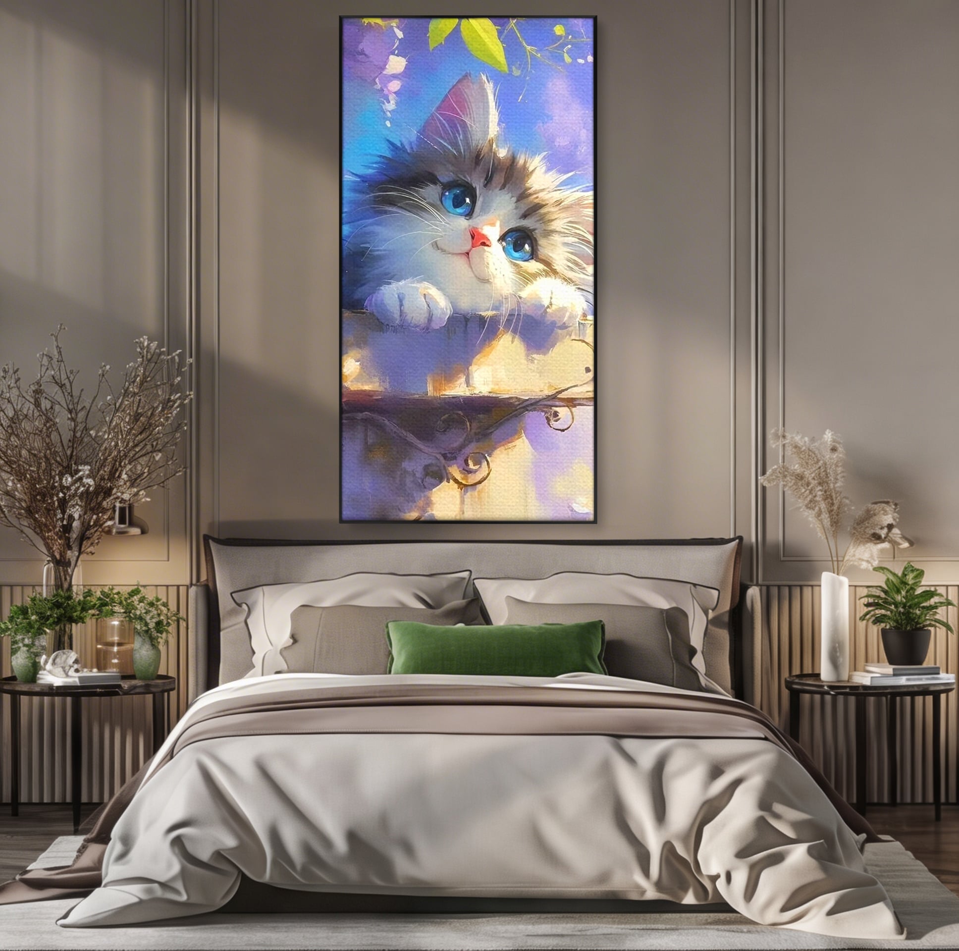Tablou Canvas Premium, LuxCanva® K1057, Visand la Joaca, Pastel, Adorabil, Pufosenie, Pisica, Pictura, Poveste, Visare, Albastru, Camera Copil, Dormitor