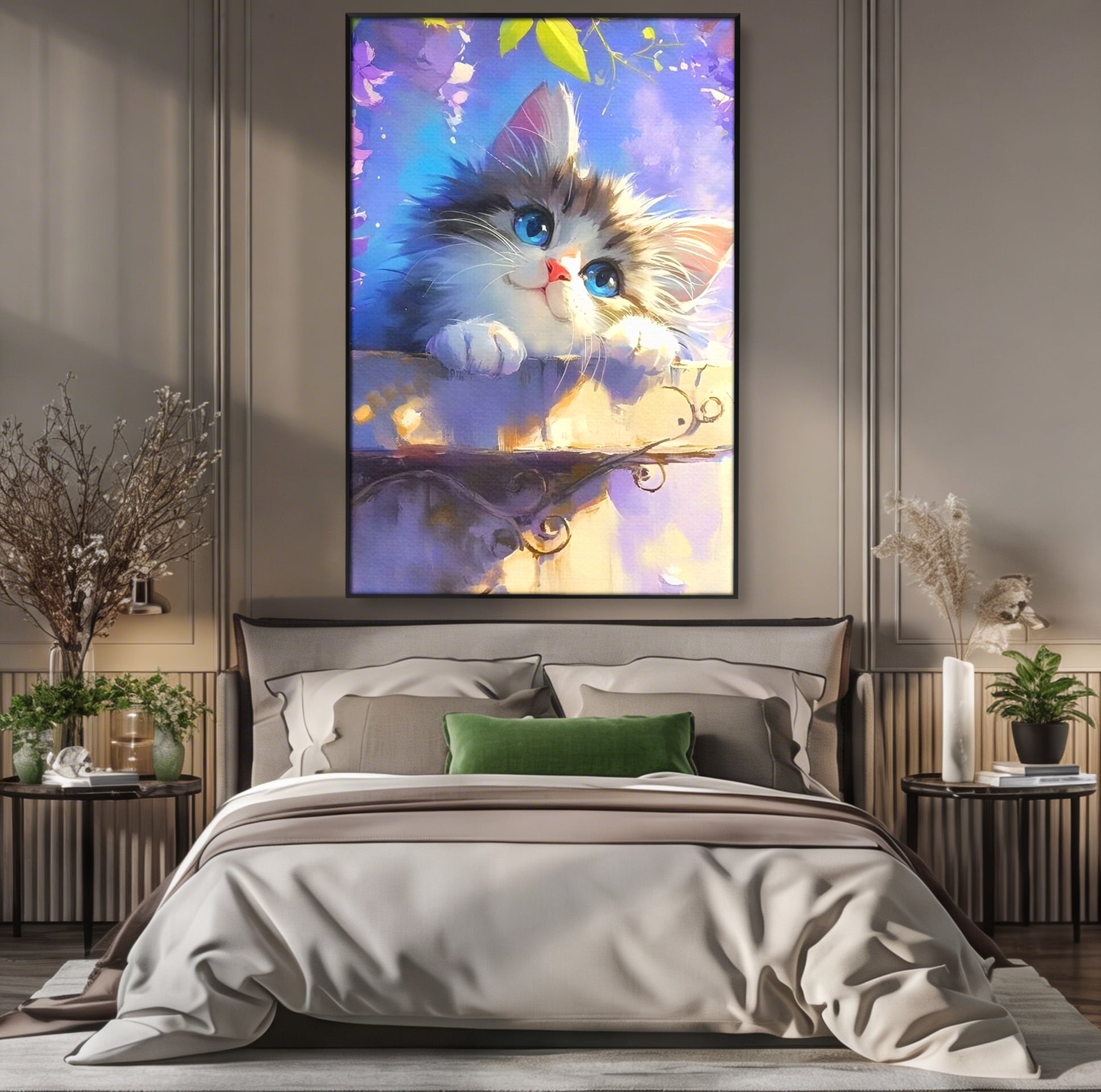 Tablou Canvas Premium, LuxCanva® K1057, Visand la Joaca, Pastel, Adorabil, Pufosenie, Pisica, Pictura, Poveste, Visare, Albastru, Camera Copil, Dormitor