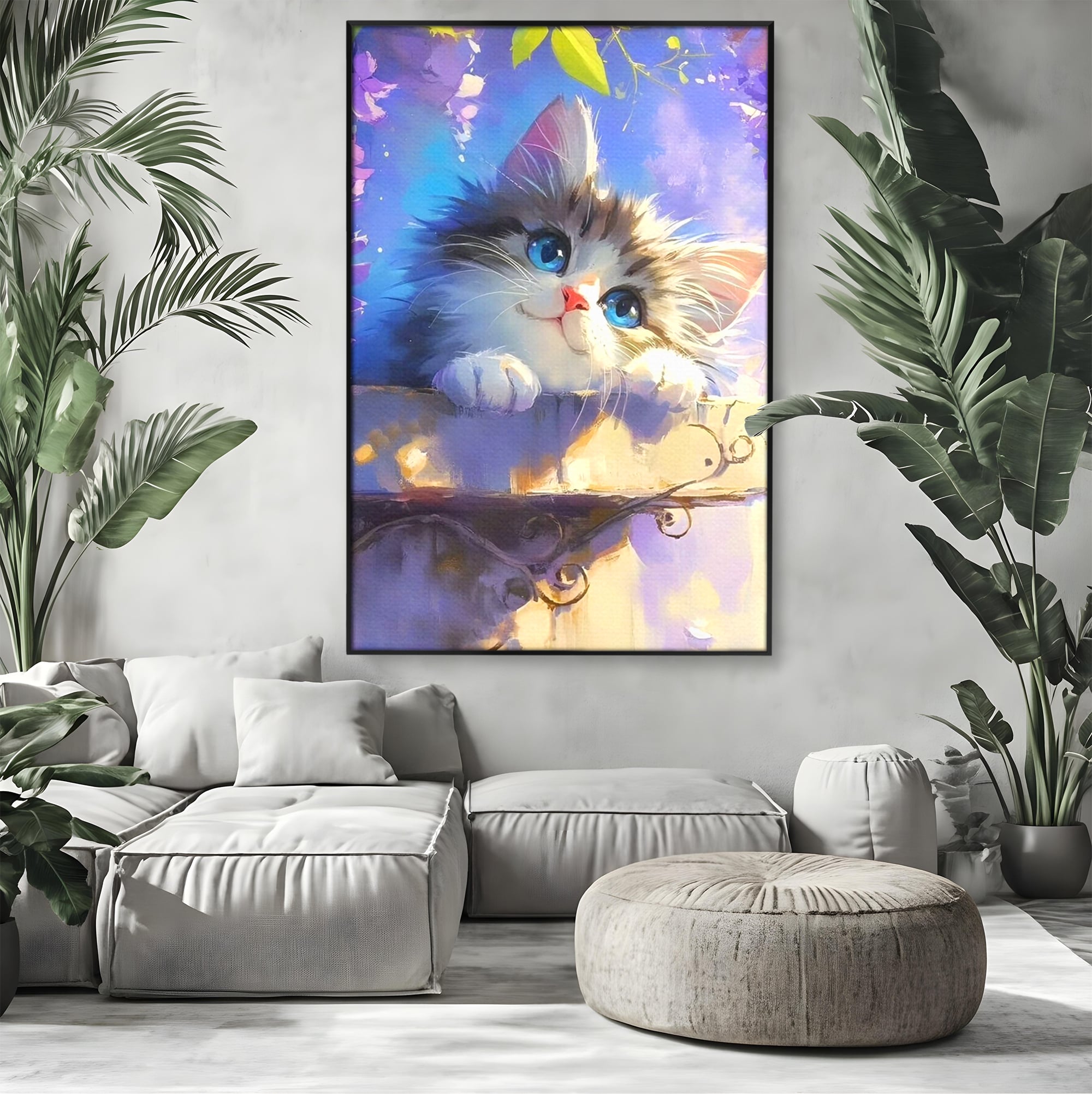 Tablou Canvas Premium, LuxCanva® K1057, Visand la Joaca, Pastel, Adorabil, Pufosenie, Pisica, Pictura, Poveste, Visare, Albastru, Camera Copil, Dormitor