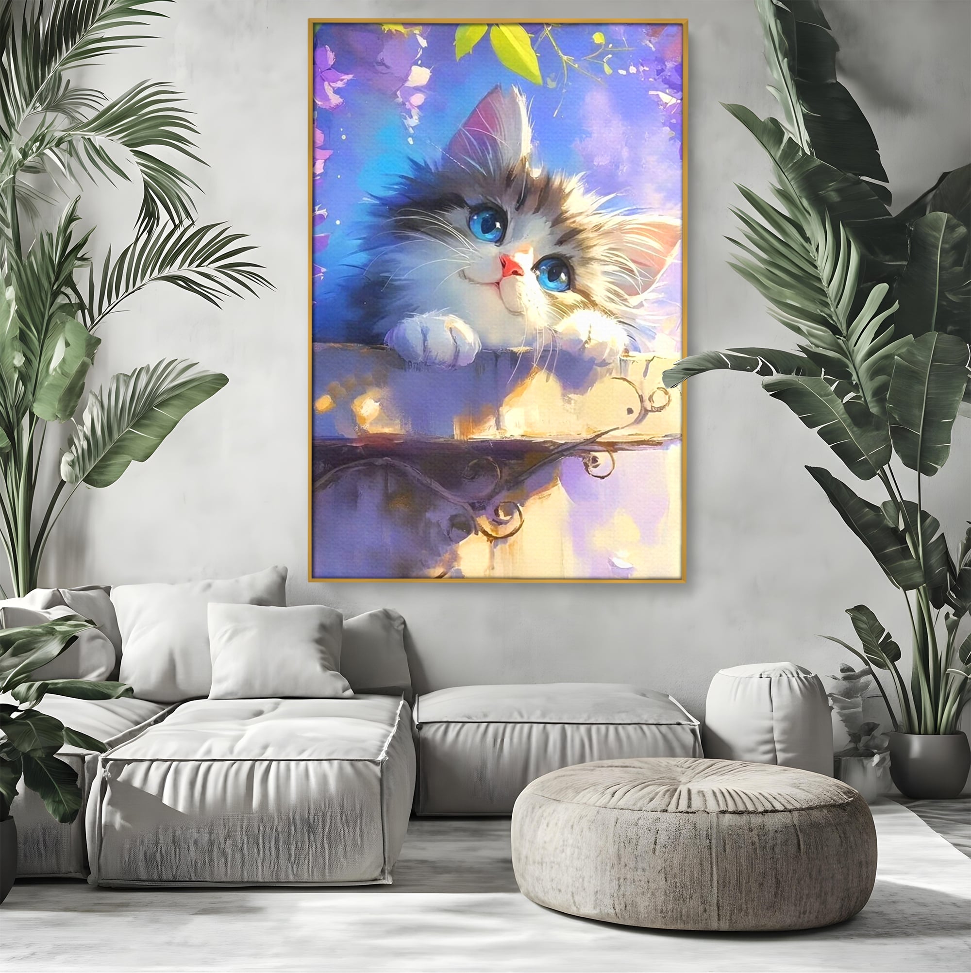 Tablou Canvas Premium, LuxCanva® K1057, Visand la Joaca, Pastel, Adorabil, Pufosenie, Pisica, Pictura, Poveste, Visare, Albastru, Camera Copil, Dormitor