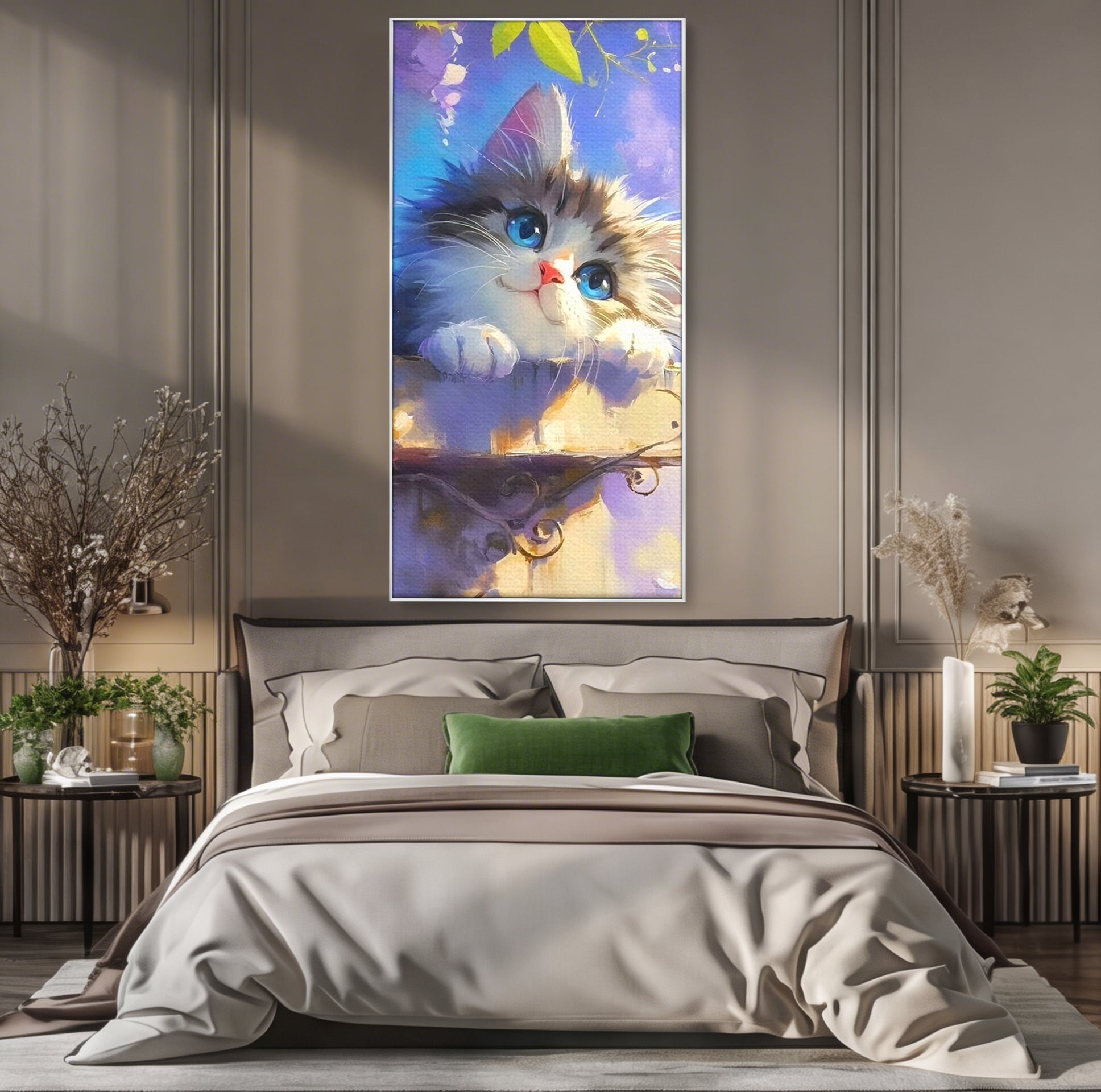 Tablou Canvas Premium, LuxCanva® K1057, Visand la Joaca, Pastel, Adorabil, Pufosenie, Pisica, Pictura, Poveste, Visare, Albastru, Camera Copil, Dormitor