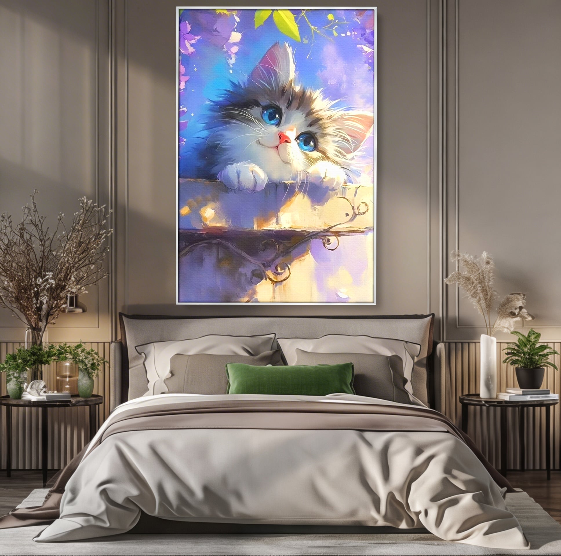 Tablou Canvas Premium, LuxCanva® K1057, Visand la Joaca, Pastel, Adorabil, Pufosenie, Pisica, Pictura, Poveste, Visare, Albastru, Camera Copil, Dormitor