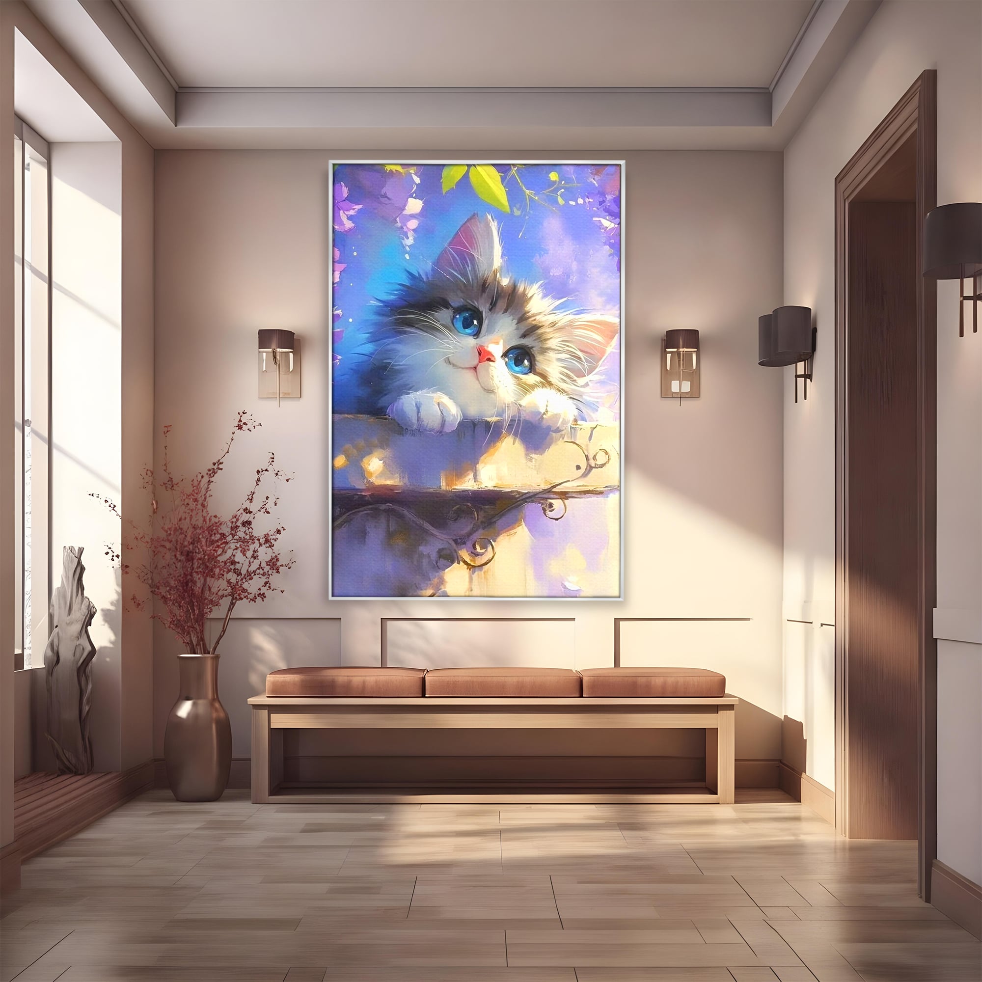 Tablou Canvas Premium, LuxCanva® K1057, Visand la Joaca, Pastel, Adorabil, Pufosenie, Pisica, Pictura, Poveste, Visare, Albastru, Camera Copil, Dormitor
