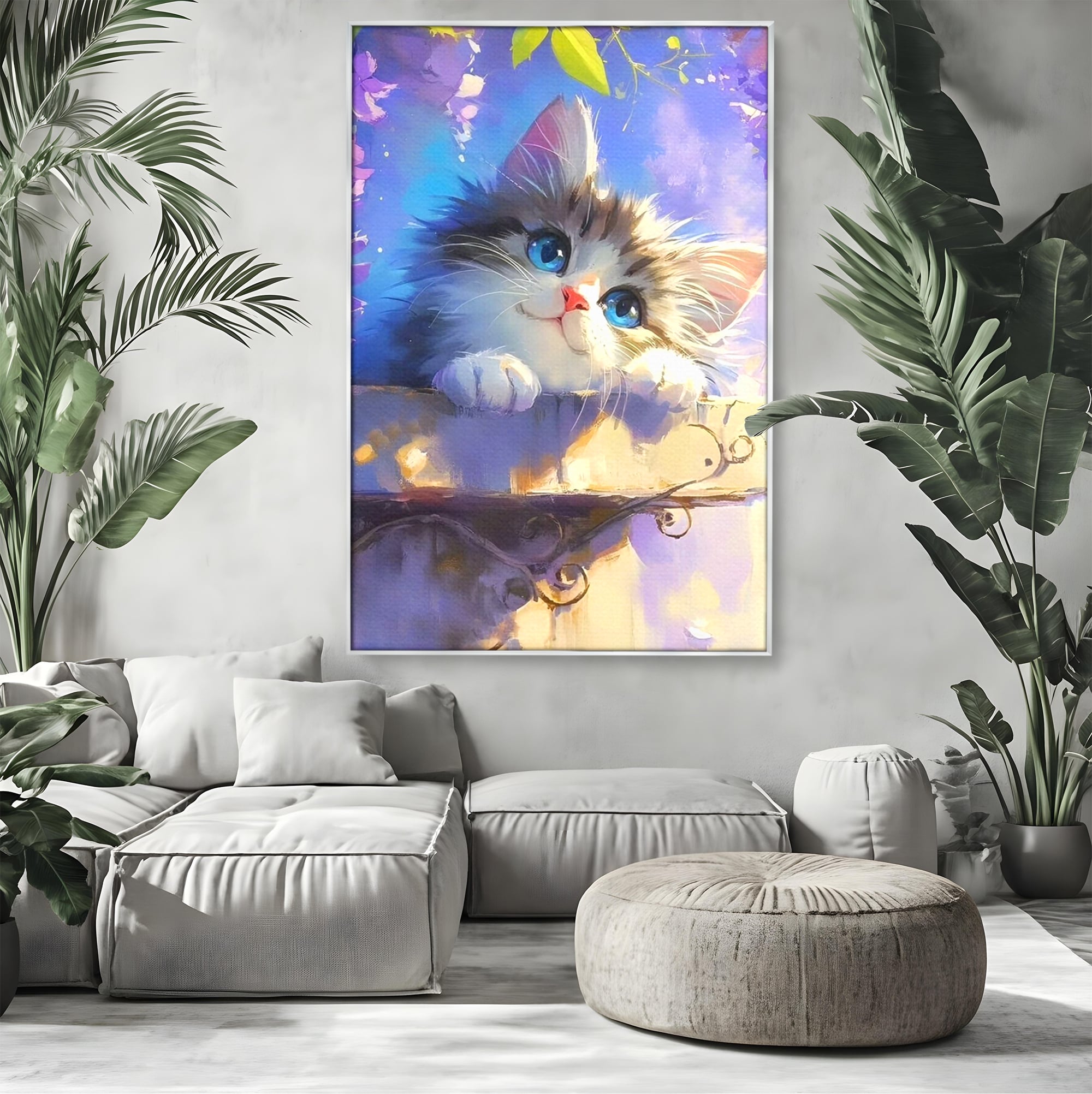 Tablou Canvas Premium, LuxCanva® K1057, Visand la Joaca, Pastel, Adorabil, Pufosenie, Pisica, Pictura, Poveste, Visare, Albastru, Camera Copil, Dormitor