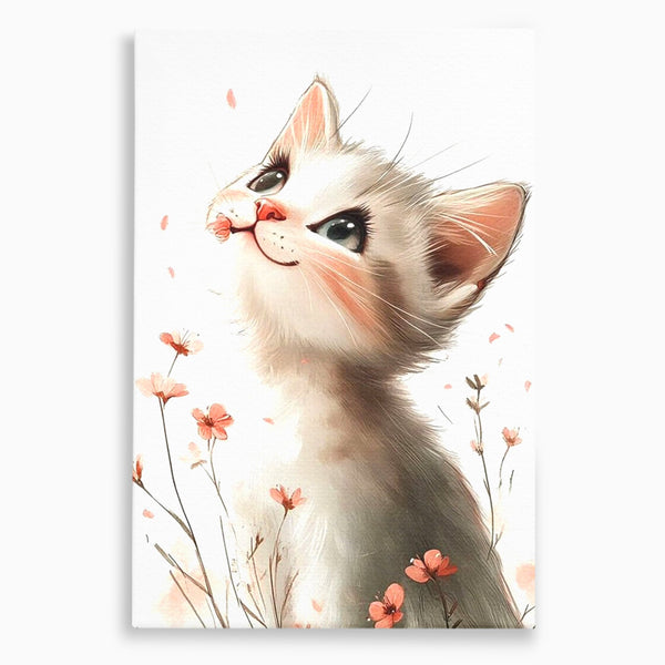 Leinwand Wandkunst Canvas Premium, LuxCanva® K1058, Frühling Blume, Blumen, Schnurrbart, Kätzchen, Baby, süß, Unschuld, Pastell, Pastell, Rosa, Babyzimmer, Schlafzimmer