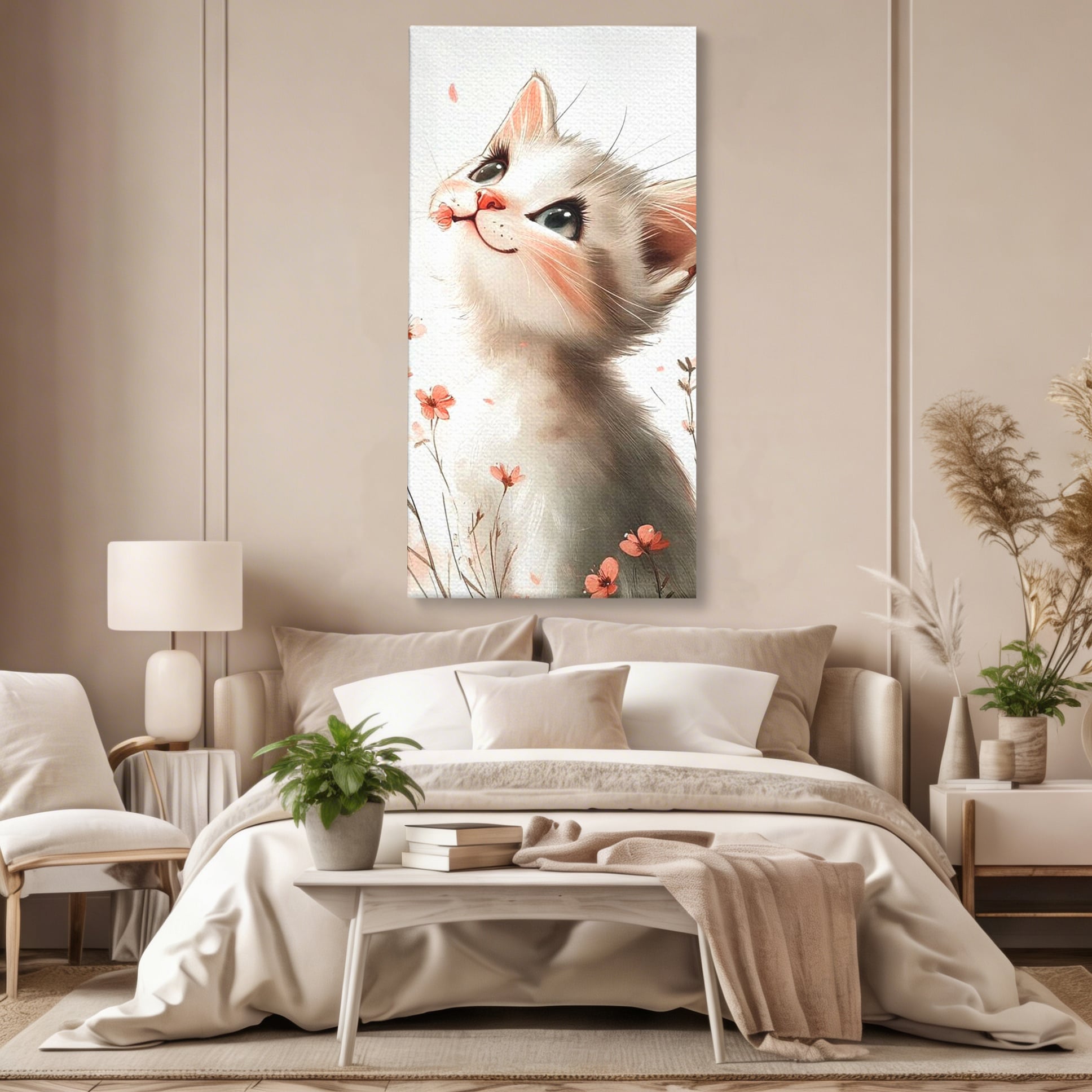 Leinwand Wandkunst Canvas Premium, LuxCanva® K1058, Frühling Blume, Blumen, Schnurrbart, Kätzchen, Baby, süß, Unschuld, Pastell, Pastell, Rosa, Babyzimmer, Schlafzimmer