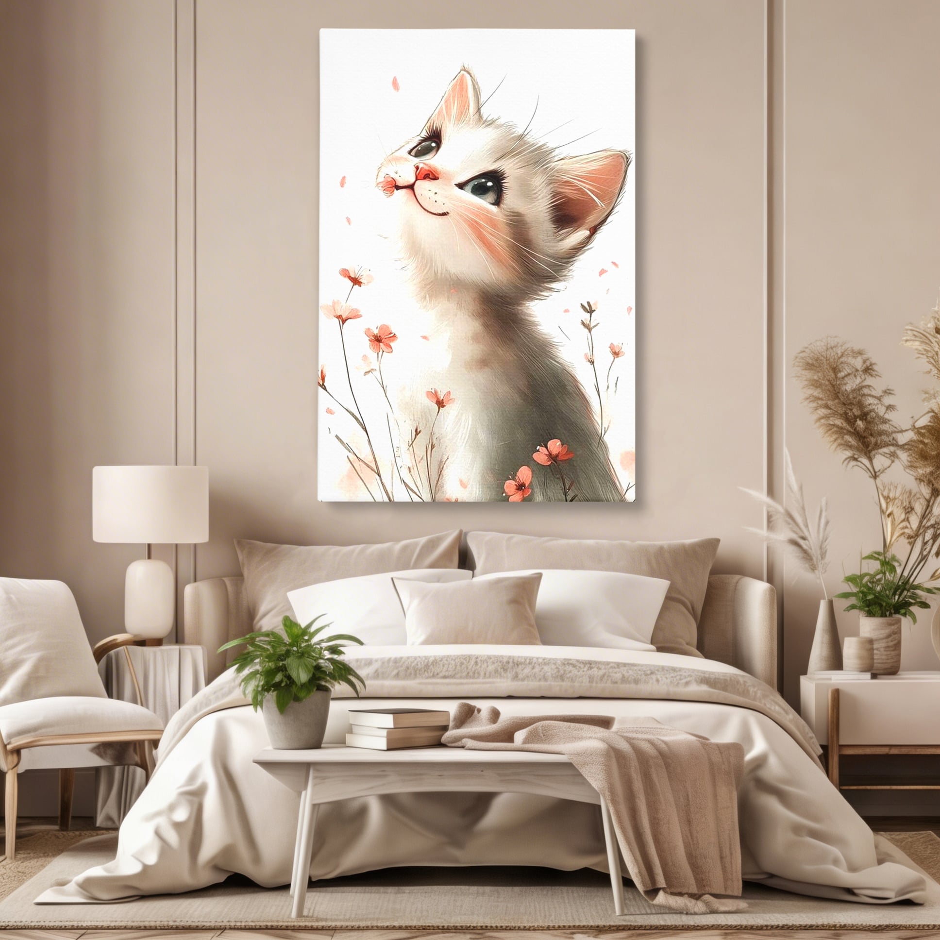 Leinwand Wandkunst Canvas Premium, LuxCanva® K1058, Frühling Blume, Blumen, Schnurrbart, Kätzchen, Baby, süß, Unschuld, Pastell, Pastell, Rosa, Babyzimmer, Schlafzimmer