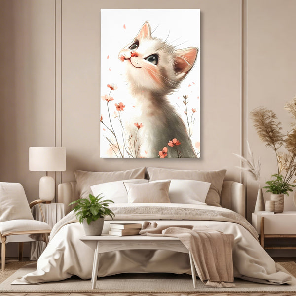 Leinwand Wandkunst Canvas Premium, LuxCanva® K1058, Frühling Blume, Blumen, Schnurrbart, Kätzchen, Baby, süß, Unschuld, Pastell, Pastell, Rosa, Babyzimmer, Schlafzimmer