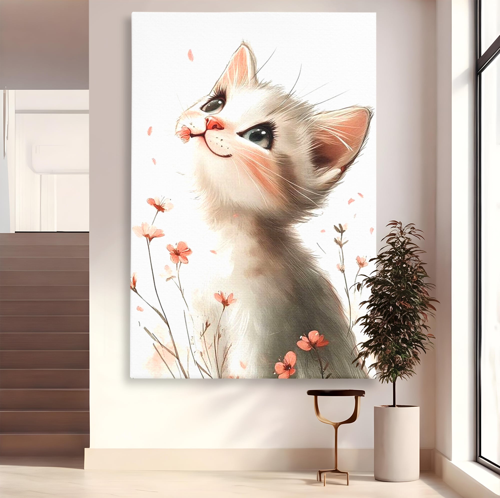 Leinwand Wandkunst Canvas Premium, LuxCanva® K1058, Frühling Blume, Blumen, Schnurrbart, Kätzchen, Baby, süß, Unschuld, Pastell, Pastell, Rosa, Babyzimmer, Schlafzimmer
