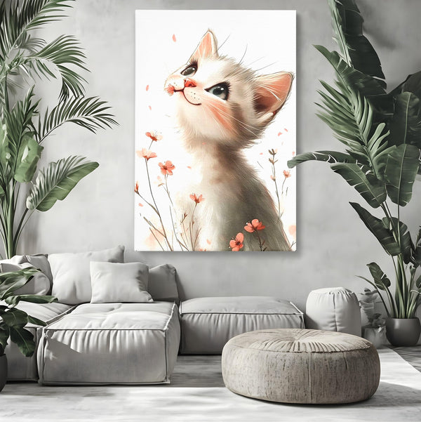 Leinwand Wandkunst Canvas Premium, LuxCanva® K1058, Frühling Blume, Blumen, Schnurrbart, Kätzchen, Baby, süß, Unschuld, Pastell, Pastell, Rosa, Babyzimmer, Schlafzimmer