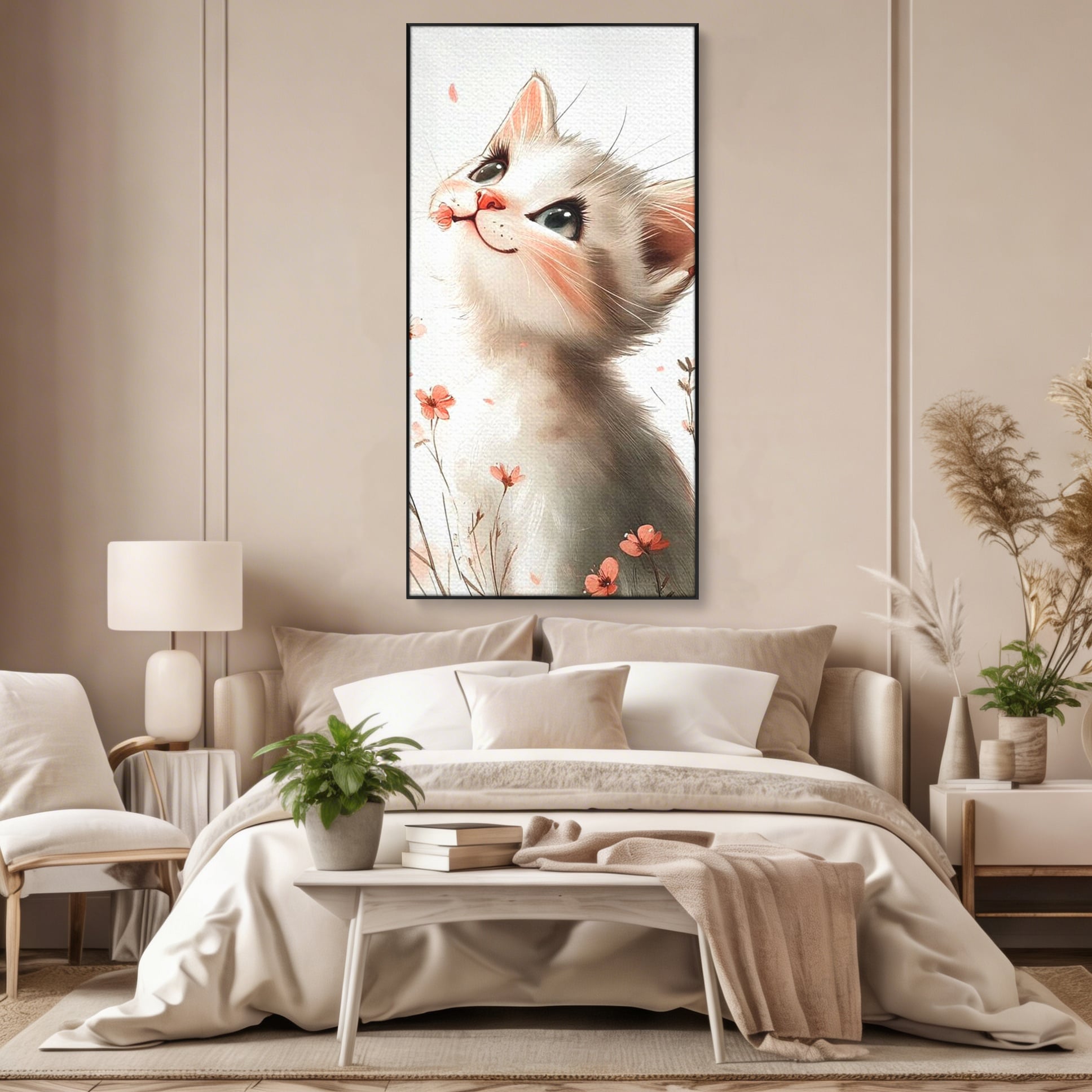 Leinwand Wandkunst Canvas Premium, LuxCanva® K1058, Frühling Blume, Blumen, Schnurrbart, Kätzchen, Baby, süß, Unschuld, Pastell, Pastell, Rosa, Babyzimmer, Schlafzimmer