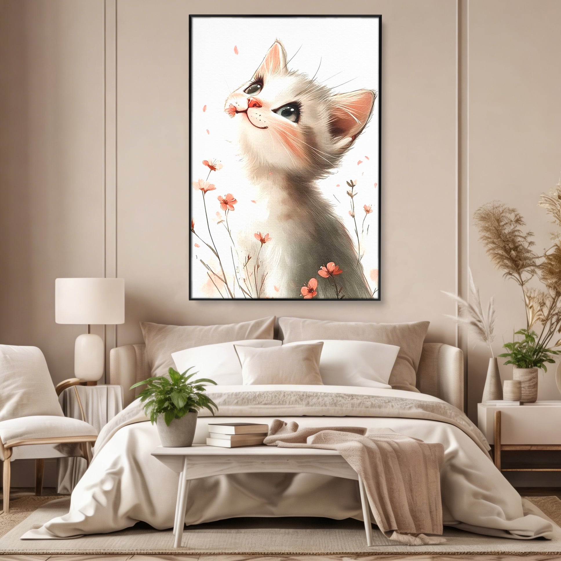 Leinwand Wandkunst Canvas Premium, LuxCanva® K1058, Frühling Blume, Blumen, Schnurrbart, Kätzchen, Baby, süß, Unschuld, Pastell, Pastell, Rosa, Babyzimmer, Schlafzimmer