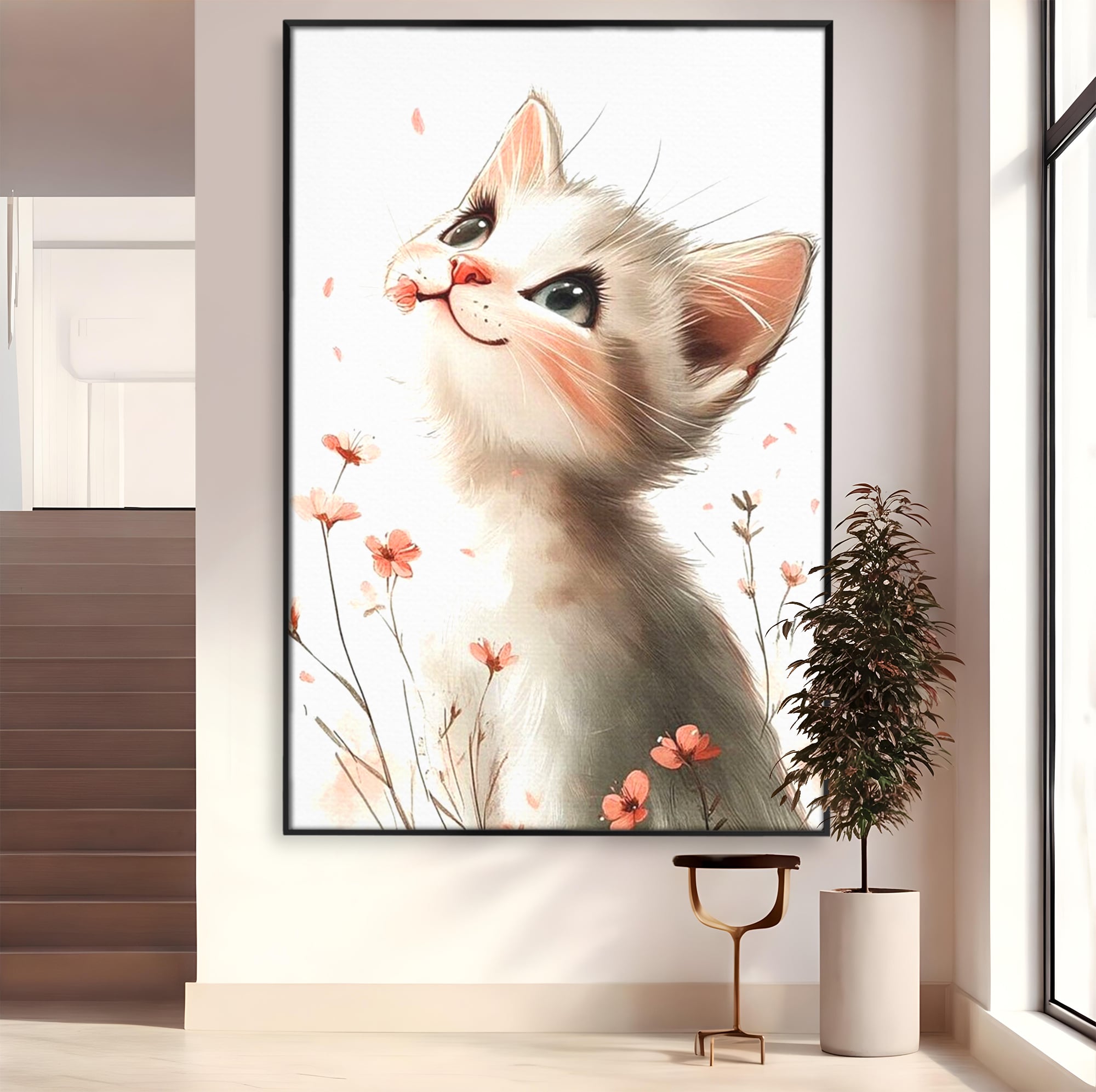 Leinwand Wandkunst Canvas Premium, LuxCanva® K1058, Frühling Blume, Blumen, Schnurrbart, Kätzchen, Baby, süß, Unschuld, Pastell, Pastell, Rosa, Babyzimmer, Schlafzimmer