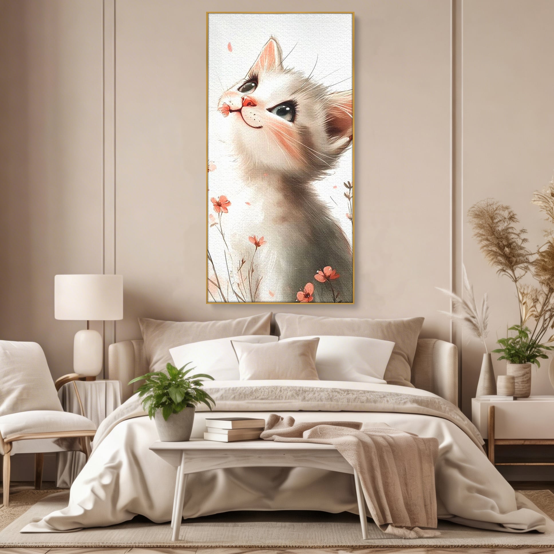 Leinwand Wandkunst Canvas Premium, LuxCanva® K1058, Frühling Blume, Blumen, Schnurrbart, Kätzchen, Baby, süß, Unschuld, Pastell, Pastell, Rosa, Babyzimmer, Schlafzimmer