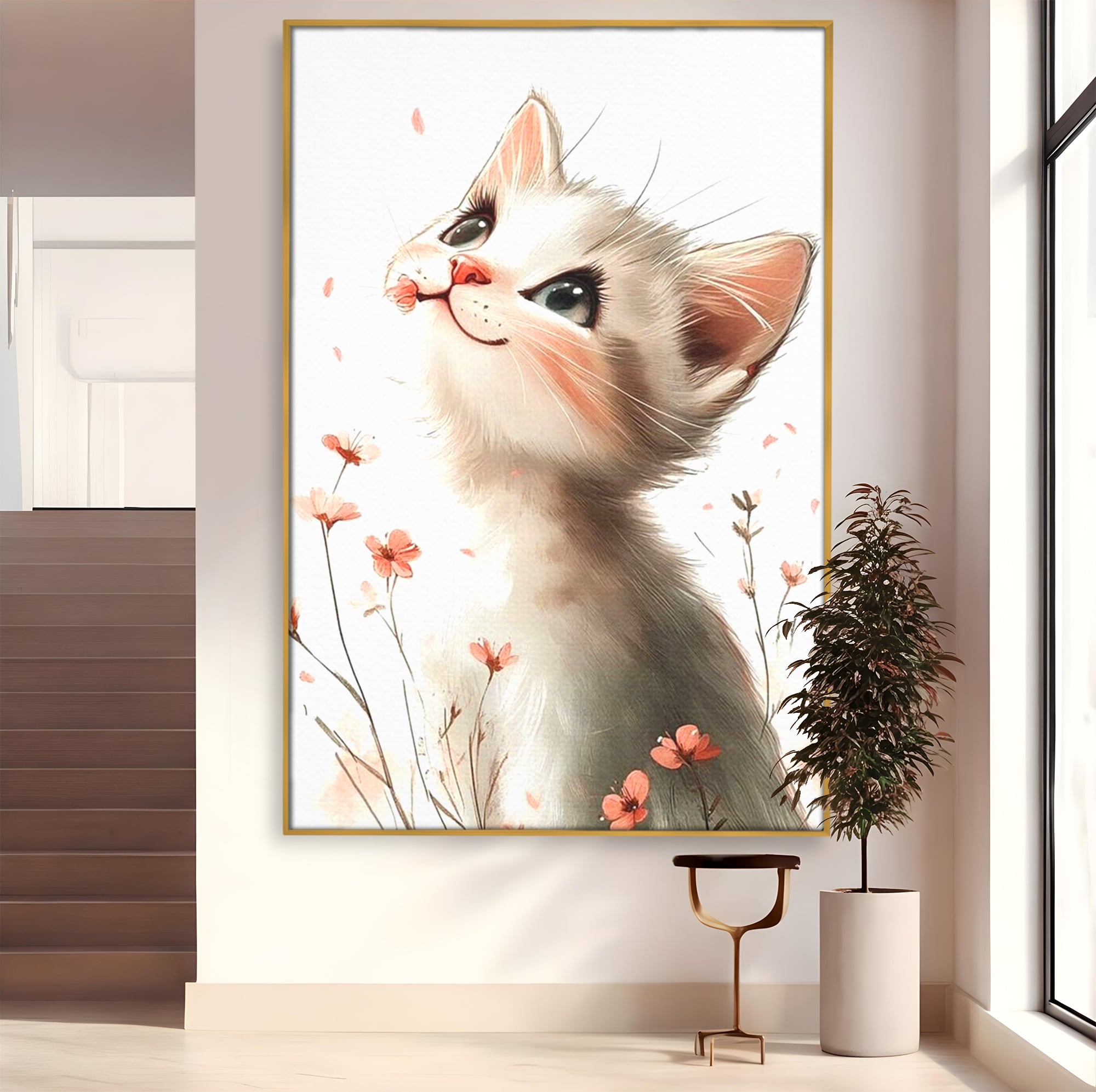 Leinwand Wandkunst Canvas Premium, LuxCanva® K1058, Frühling Blume, Blumen, Schnurrbart, Kätzchen, Baby, süß, Unschuld, Pastell, Pastell, Rosa, Babyzimmer, Schlafzimmer