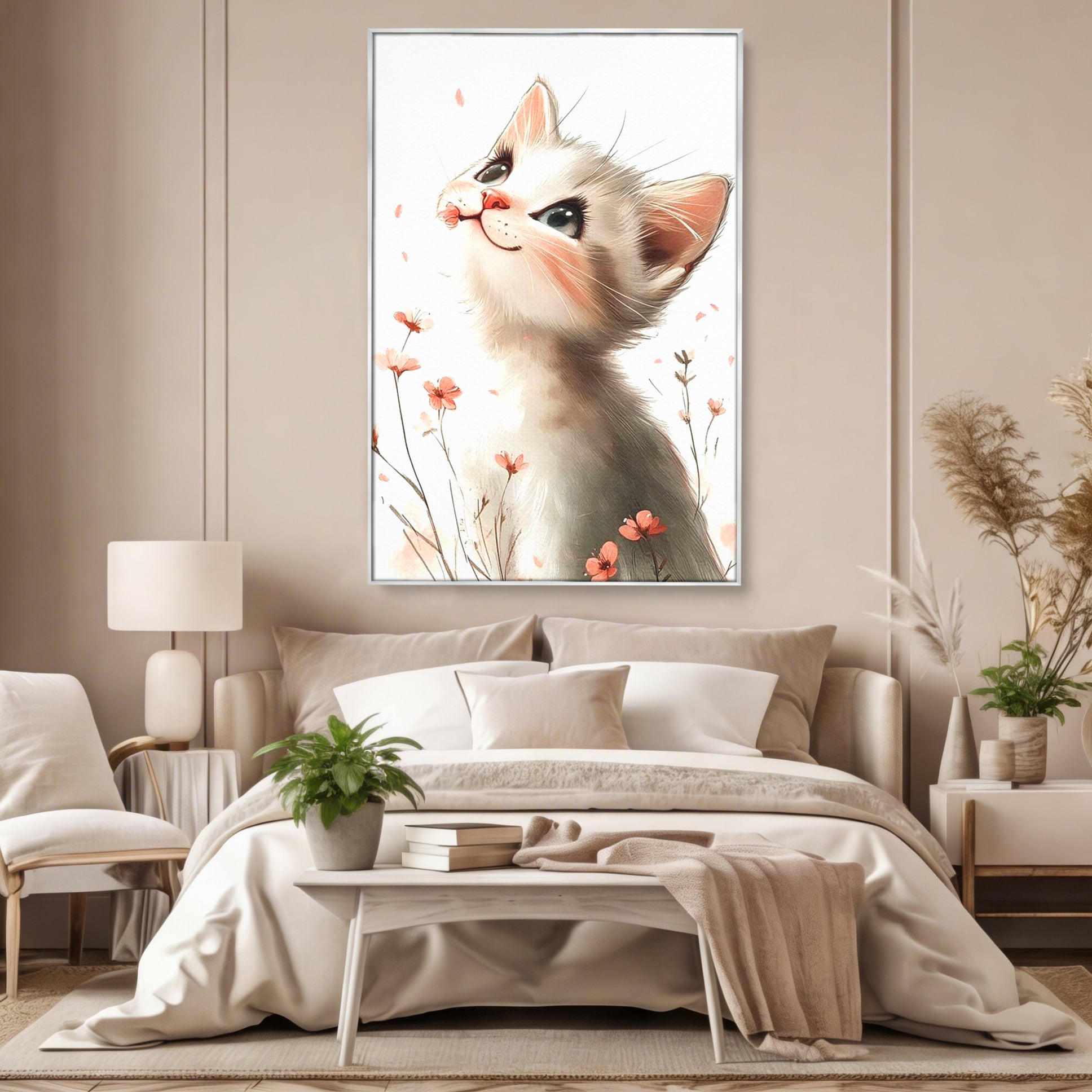 Leinwand Wandkunst Canvas Premium, LuxCanva® K1058, Frühling Blume, Blumen, Schnurrbart, Kätzchen, Baby, süß, Unschuld, Pastell, Pastell, Rosa, Babyzimmer, Schlafzimmer