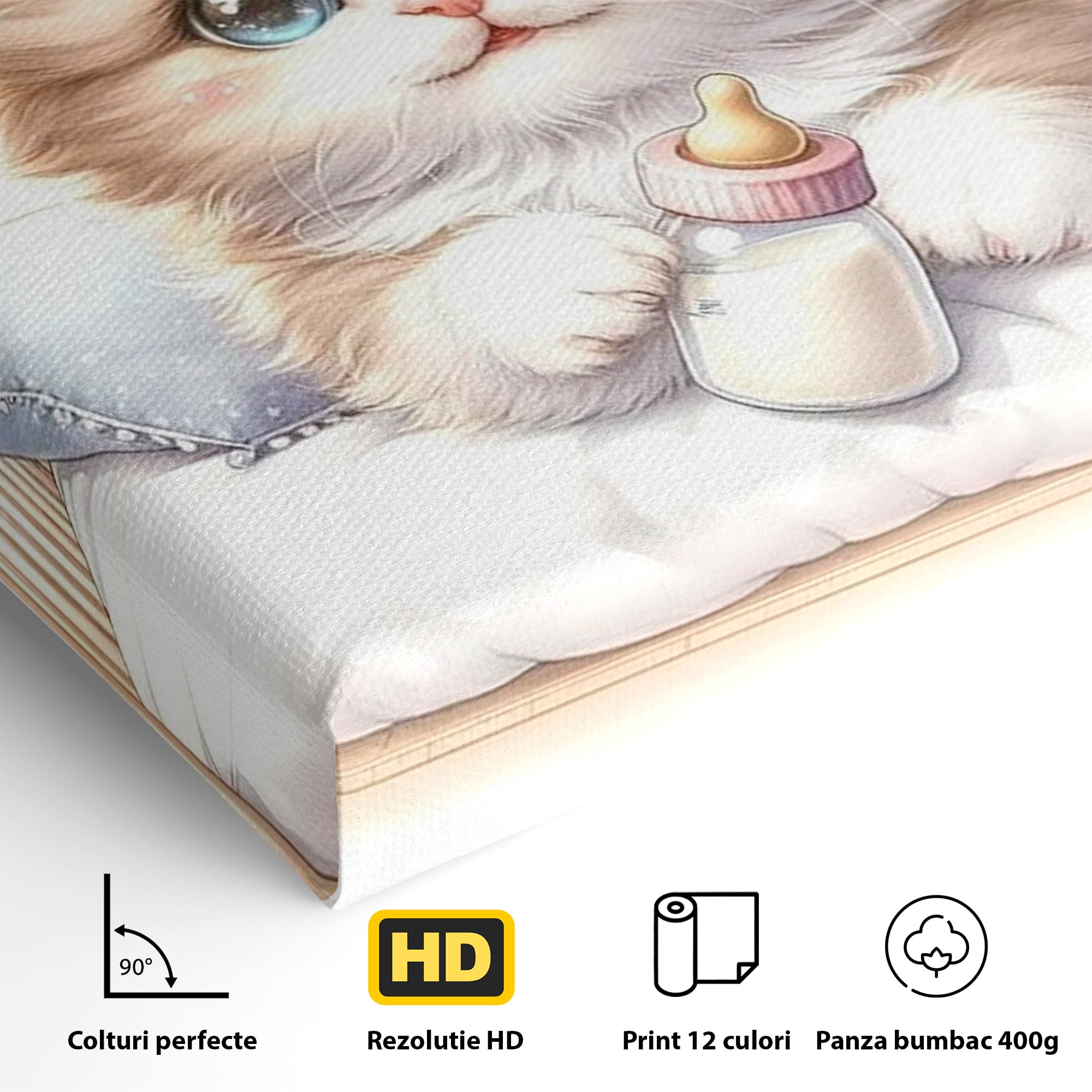 Tablou Canvas Premium, LuxCanva® K1059, Poveste de Noapte Buna, Copilarie, Biberon, Patut, Pisicuta, Pufosenie, Adorabil, Vis, Somn, Camera Copil, Dormitor