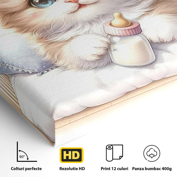 Tablou Canvas Premium, LuxCanva® K1059, Poveste de Noapte Buna, Copilarie, Biberon, Patut, Pisicuta, Pufosenie, Adorabil, Vis, Somn, Camera Copil, Dormitor