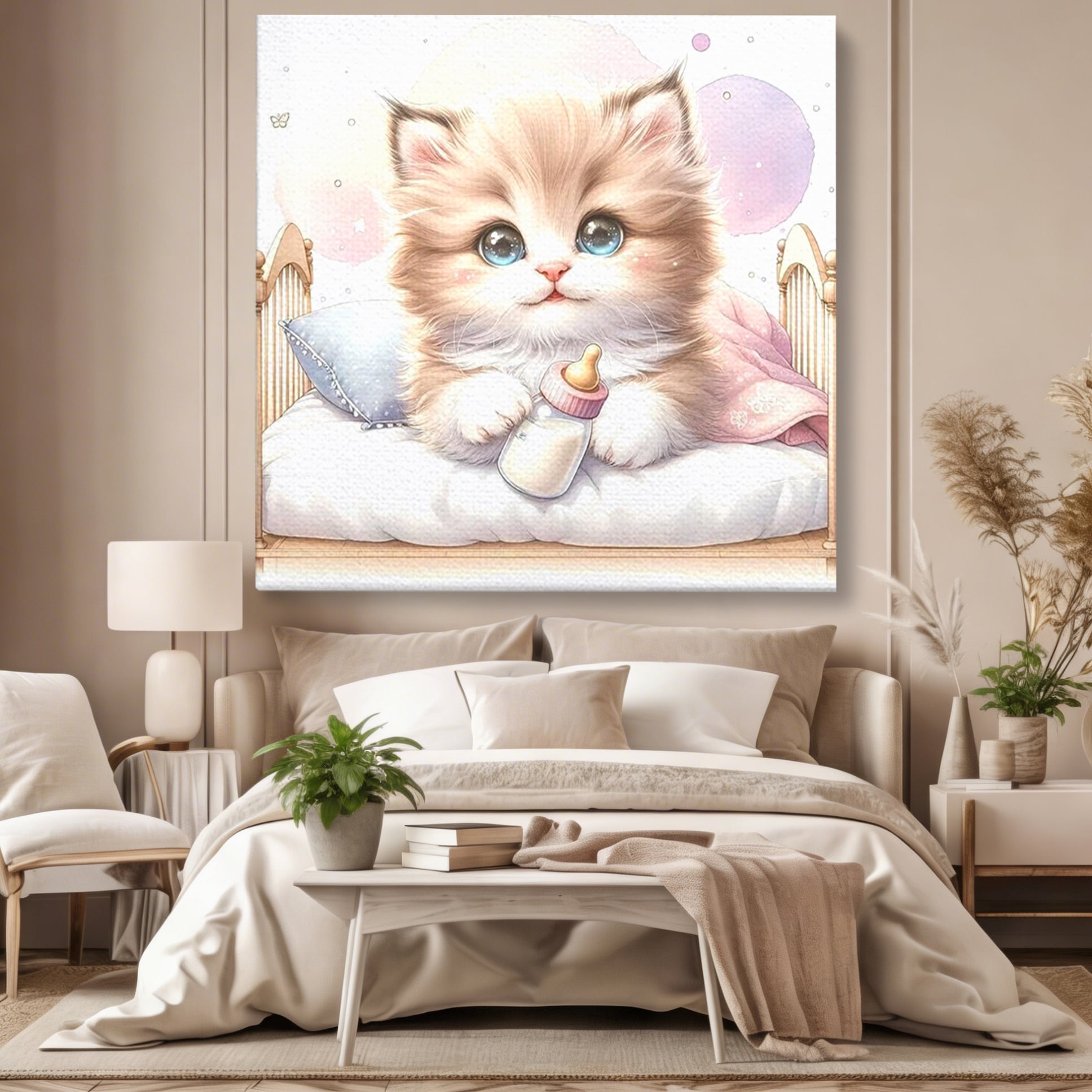 Tablou Canvas Premium, LuxCanva® K1059, Poveste de Noapte Buna, Copilarie, Biberon, Patut, Pisicuta, Pufosenie, Adorabil, Vis, Somn, Camera Copil, Dormitor