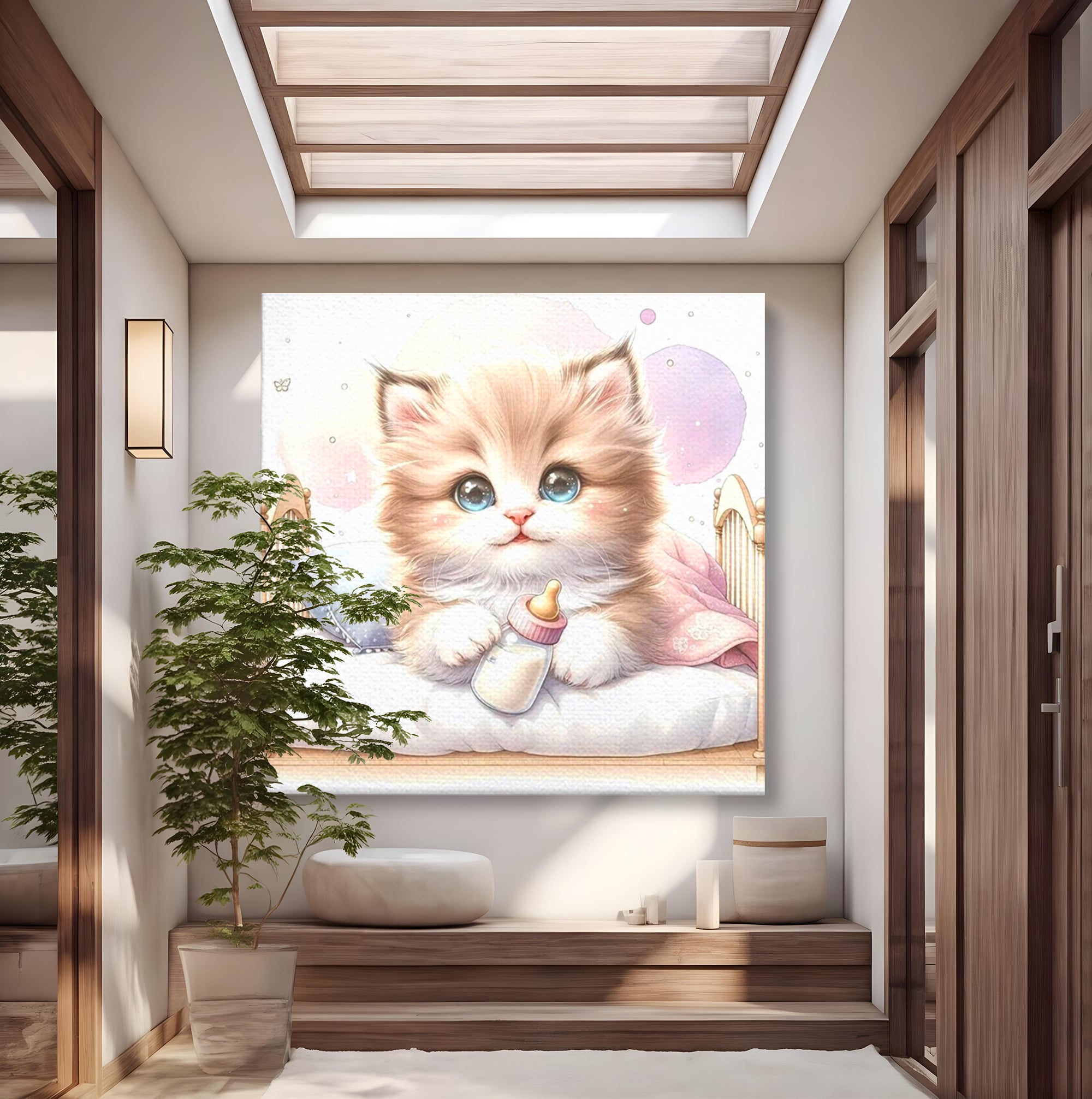 Tablou Canvas Premium, LuxCanva® K1059, Poveste de Noapte Buna, Copilarie, Biberon, Patut, Pisicuta, Pufosenie, Adorabil, Vis, Somn, Camera Copil, Dormitor