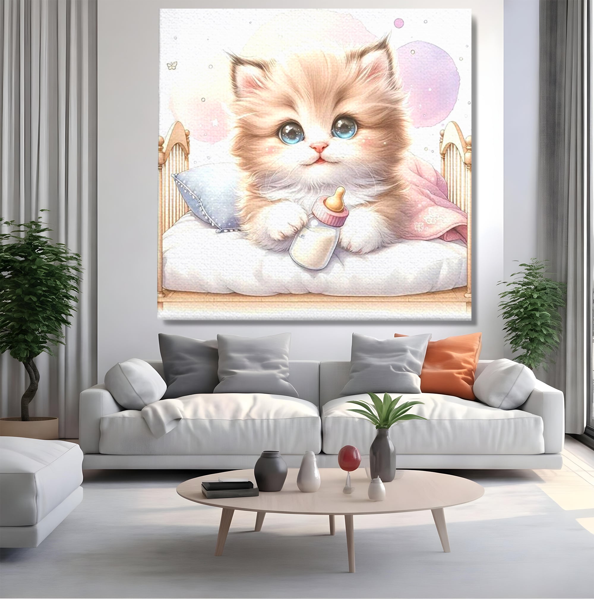 Tablou Canvas Premium, LuxCanva® K1059, Poveste de Noapte Buna, Copilarie, Biberon, Patut, Pisicuta, Pufosenie, Adorabil, Vis, Somn, Camera Copil, Dormitor