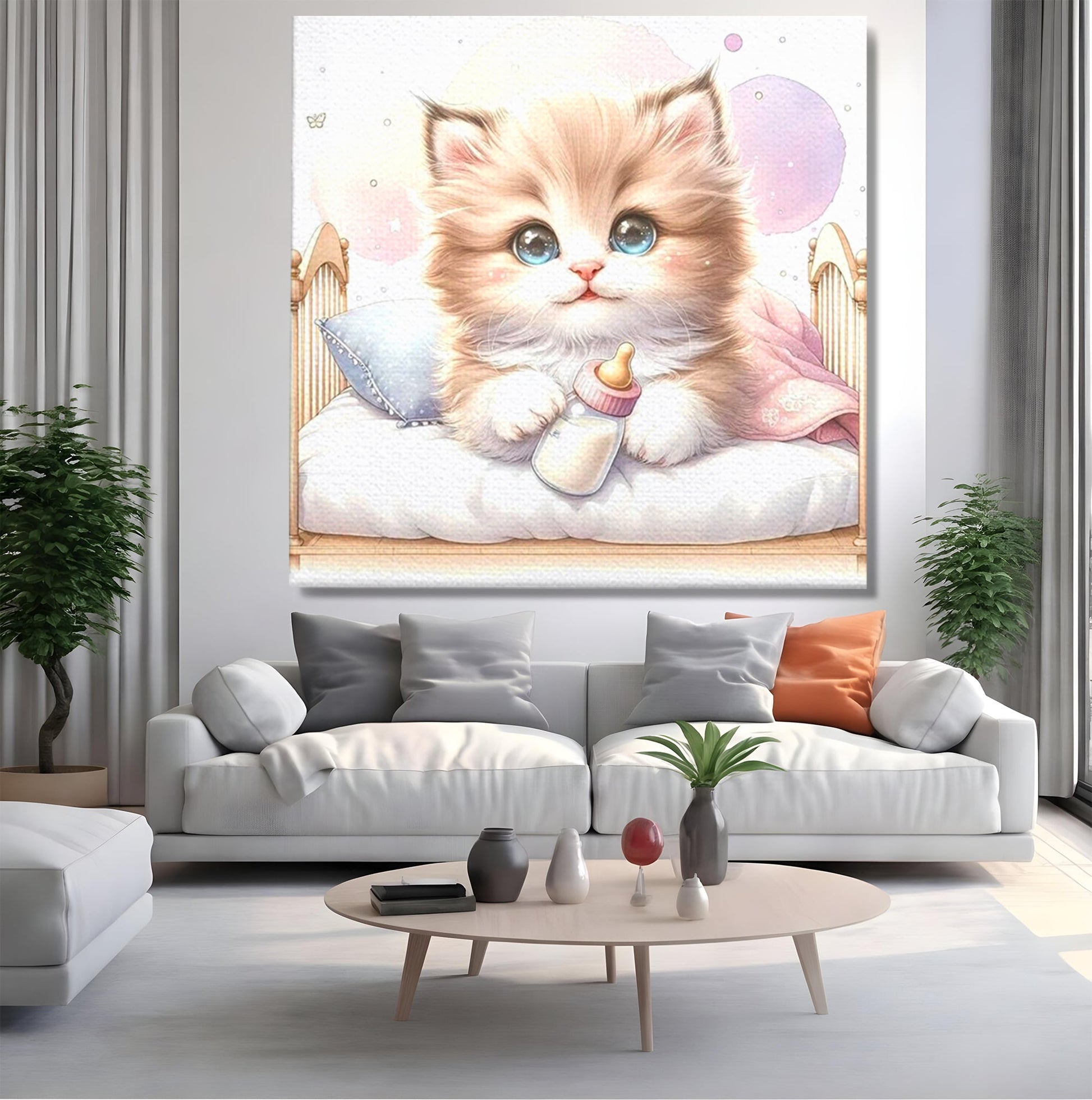 Tablou Canvas Premium, LuxCanva® K1059, Poveste de Noapte Buna, Copilarie, Biberon, Patut, Pisicuta, Pufosenie, Adorabil, Vis, Somn, Camera Copil, Dormitor