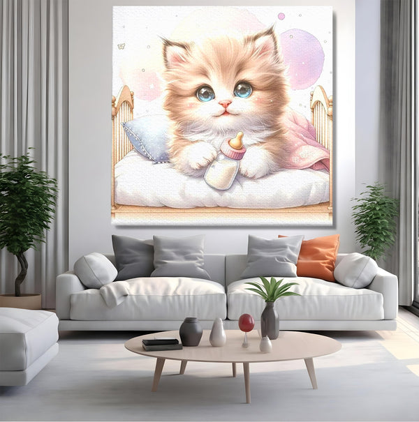 Tablou Canvas Premium, LuxCanva® K1059, Poveste de Noapte Buna, Copilarie, Biberon, Patut, Pisicuta, Pufosenie, Adorabil, Vis, Somn, Camera Copil, Dormitor
