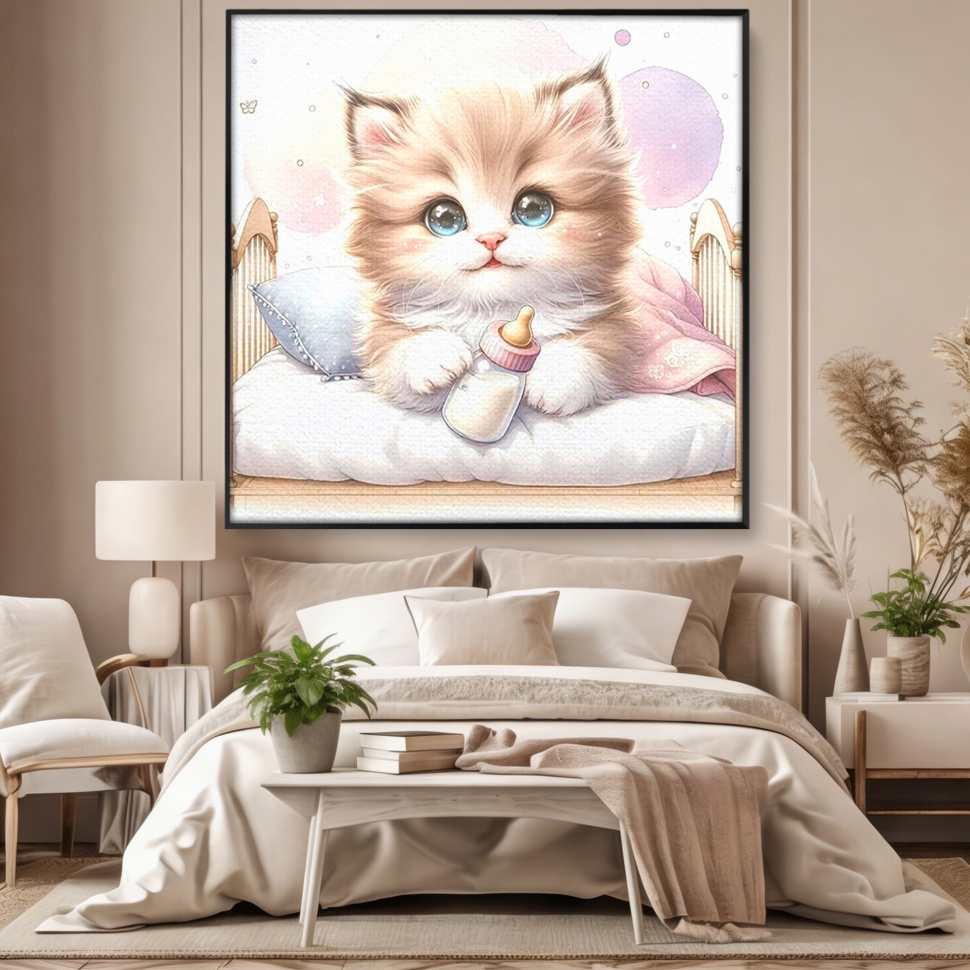 Tablou Canvas Premium, LuxCanva® K1059, Poveste de Noapte Buna, Copilarie, Biberon, Patut, Pisicuta, Pufosenie, Adorabil, Vis, Somn, Camera Copil, Dormitor