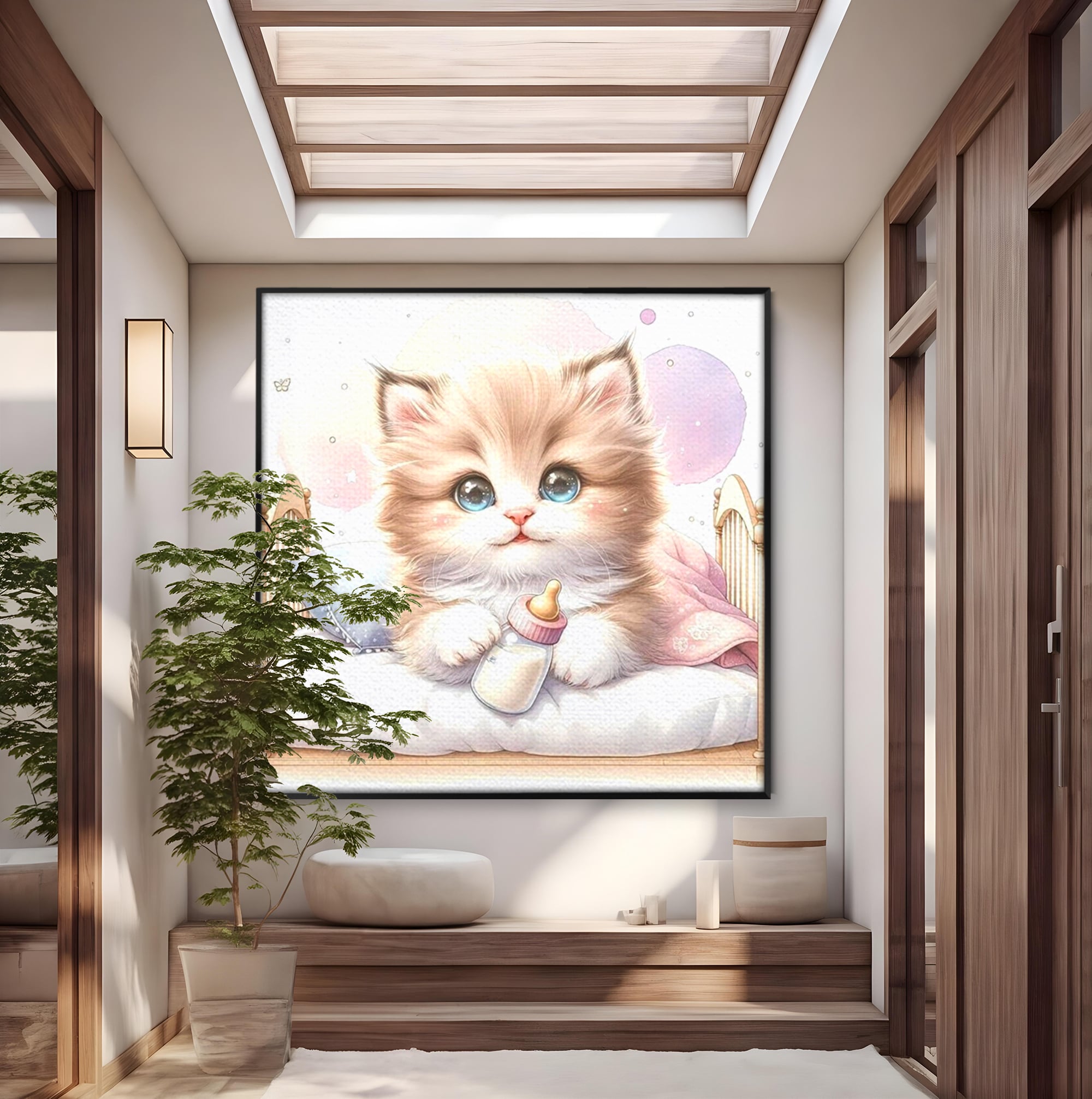 Tablou Canvas Premium, LuxCanva® K1059, Poveste de Noapte Buna, Copilarie, Biberon, Patut, Pisicuta, Pufosenie, Adorabil, Vis, Somn, Camera Copil, Dormitor
