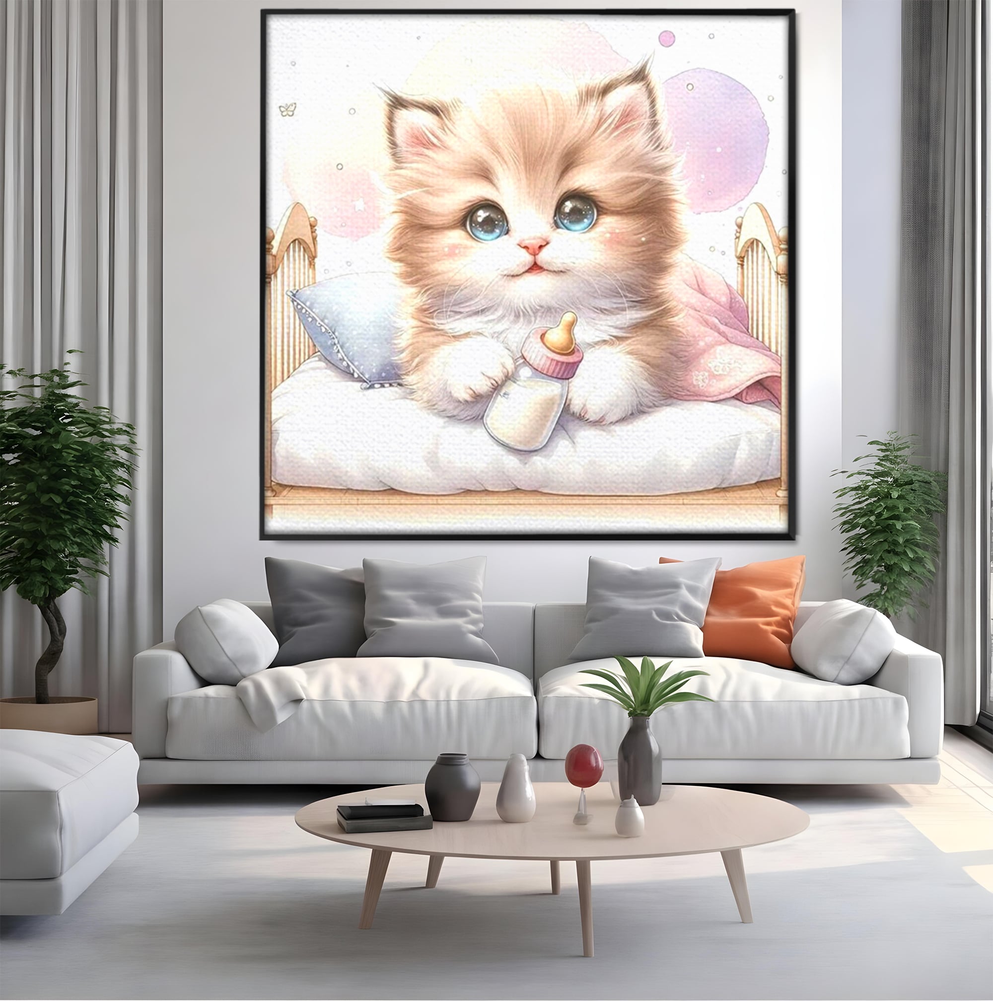 Tablou Canvas Premium, LuxCanva® K1059, Poveste de Noapte Buna, Copilarie, Biberon, Patut, Pisicuta, Pufosenie, Adorabil, Vis, Somn, Camera Copil, Dormitor