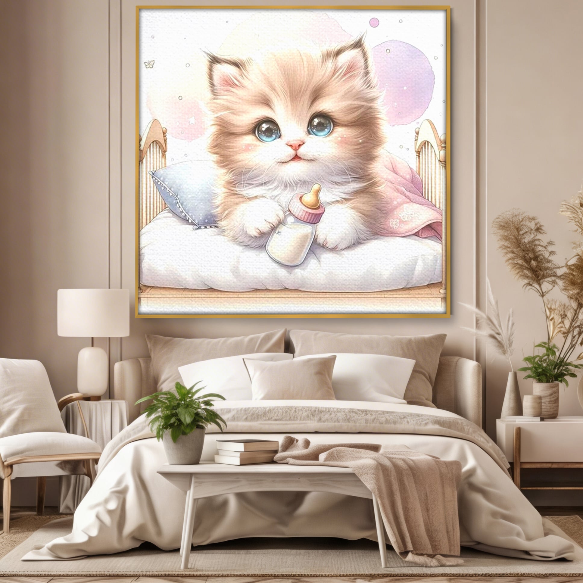Tablou Canvas Premium, LuxCanva® K1059, Poveste de Noapte Buna, Copilarie, Biberon, Patut, Pisicuta, Pufosenie, Adorabil, Vis, Somn, Camera Copil, Dormitor