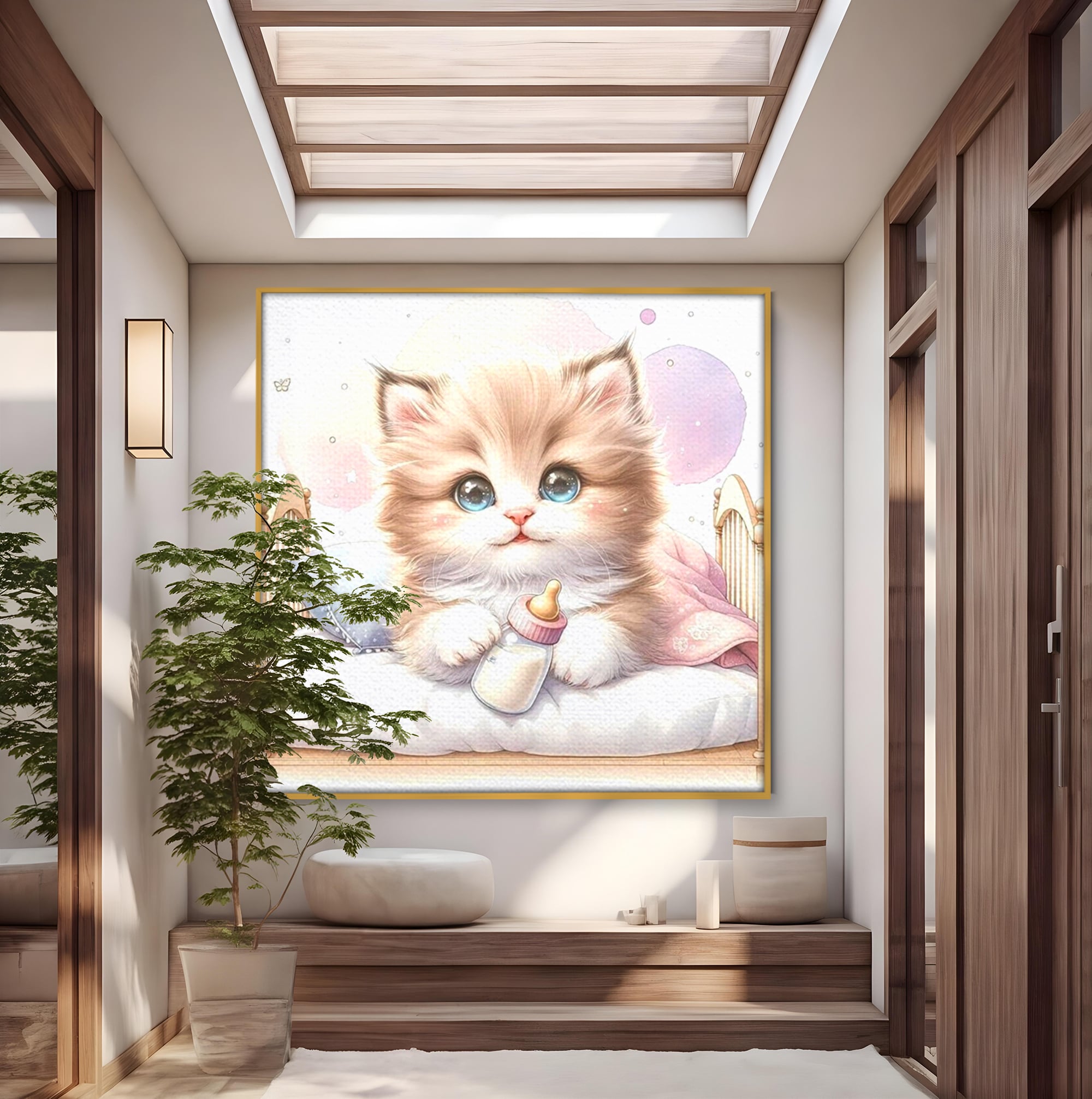 Tablou Canvas Premium, LuxCanva® K1059, Poveste de Noapte Buna, Copilarie, Biberon, Patut, Pisicuta, Pufosenie, Adorabil, Vis, Somn, Camera Copil, Dormitor