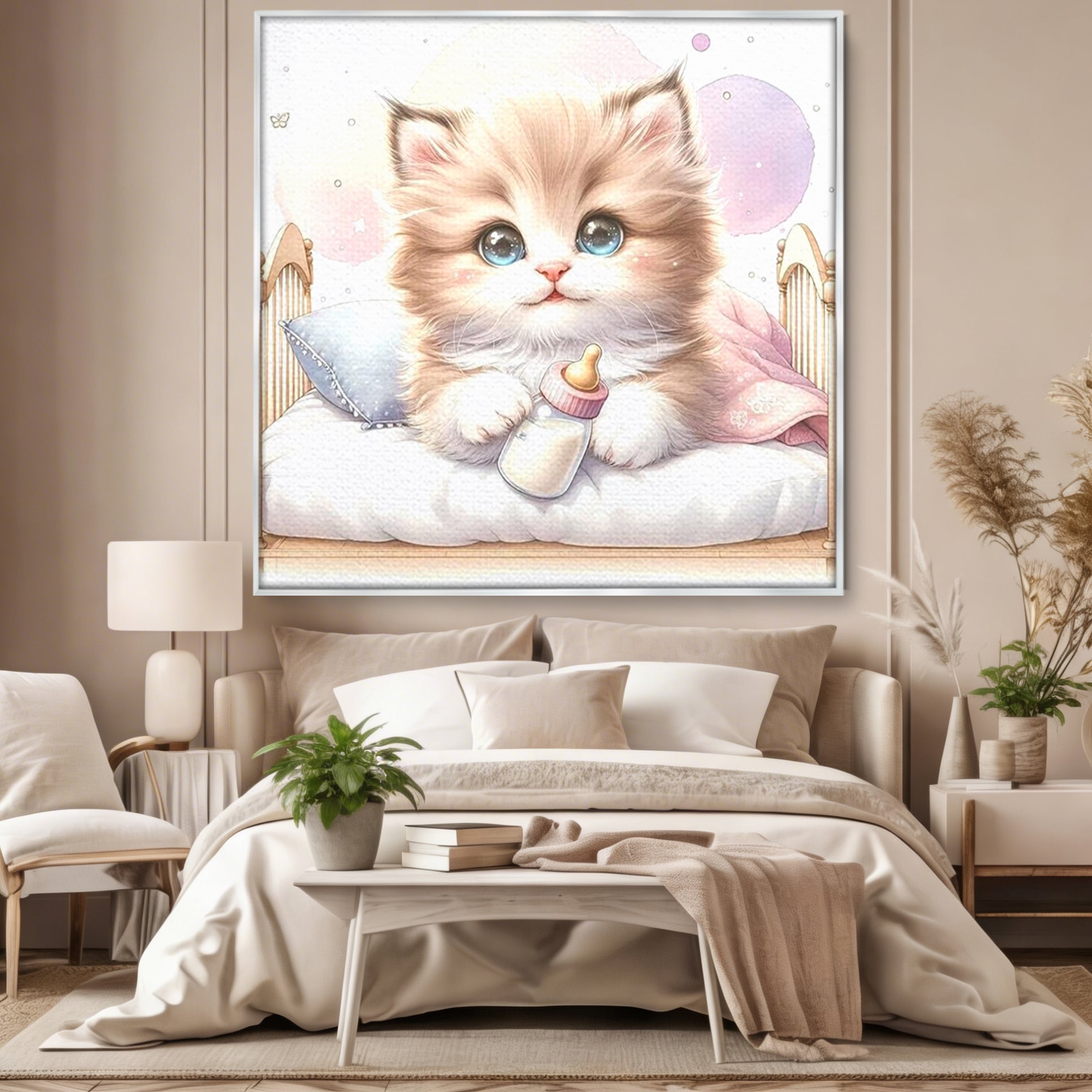 Tablou Canvas Premium, LuxCanva® K1059, Poveste de Noapte Buna, Copilarie, Biberon, Patut, Pisicuta, Pufosenie, Adorabil, Vis, Somn, Camera Copil, Dormitor