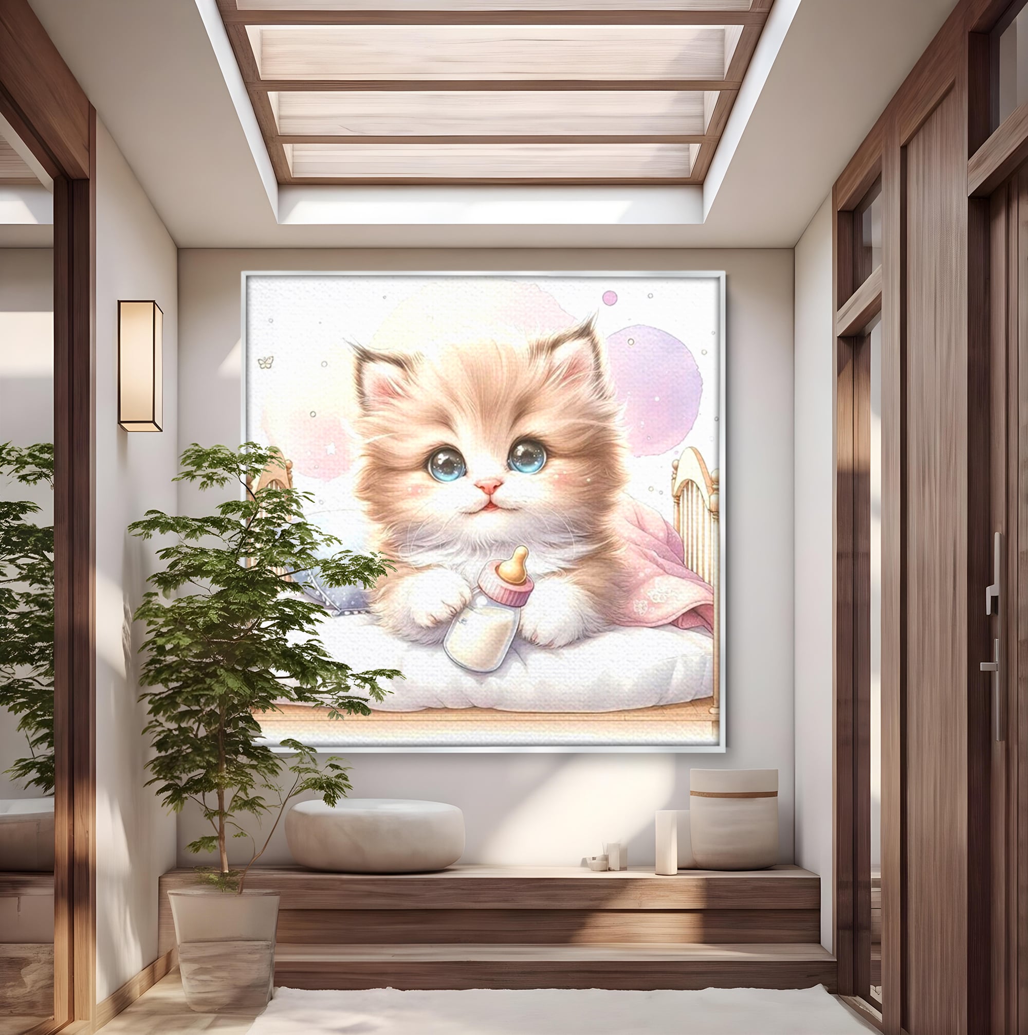 Tablou Canvas Premium, LuxCanva® K1059, Poveste de Noapte Buna, Copilarie, Biberon, Patut, Pisicuta, Pufosenie, Adorabil, Vis, Somn, Camera Copil, Dormitor