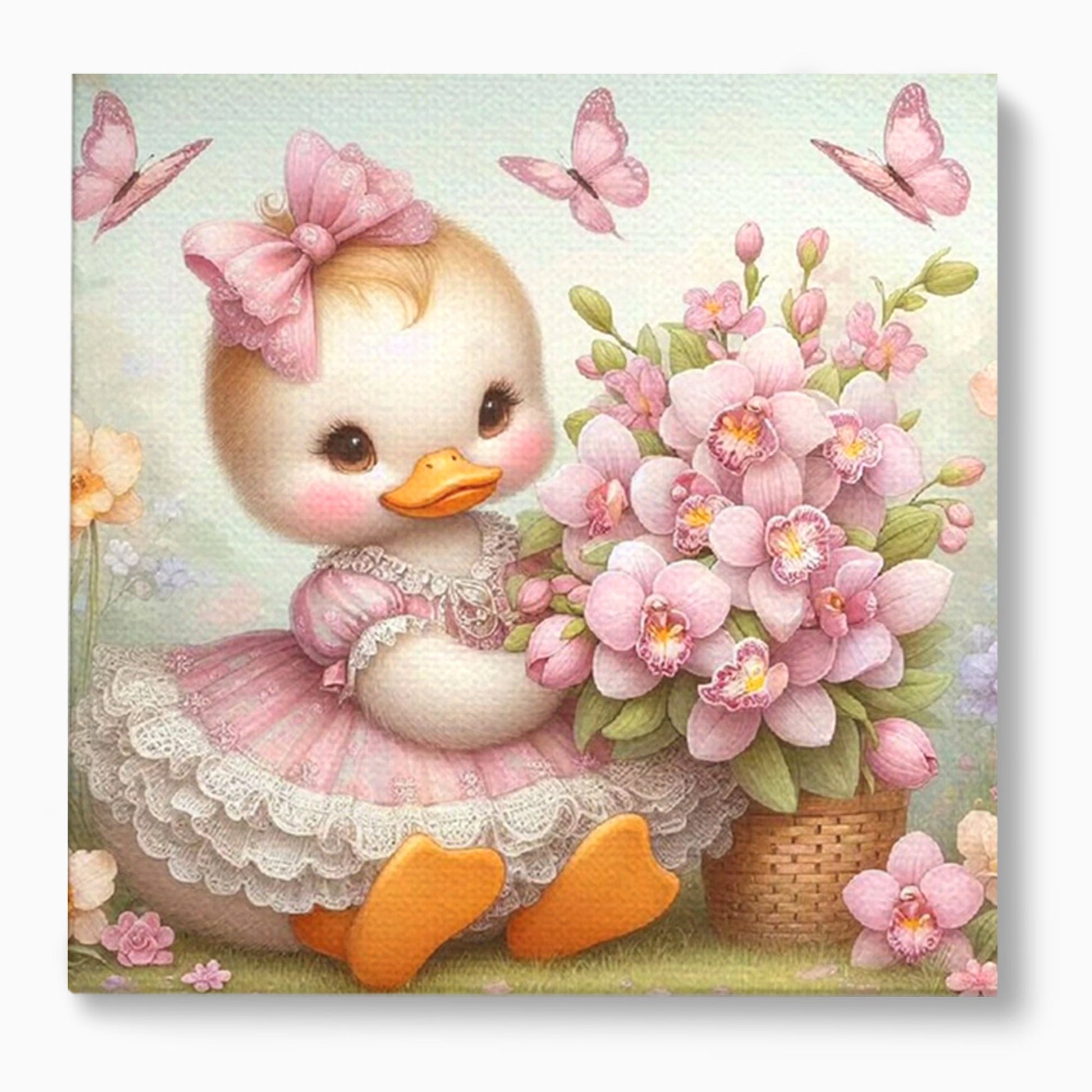 Leinwand Wandkunst Leinwand Wandkunst Premium, LuxCanva® K1060, Frühling Ballett, Orchideen, Blumen, Blütenblätter, Ente, rosa, Vogel, Schmetterlinge, rosa, Schmetterlinge, bezaubernd, Babyzimmer, Schlafzimmer