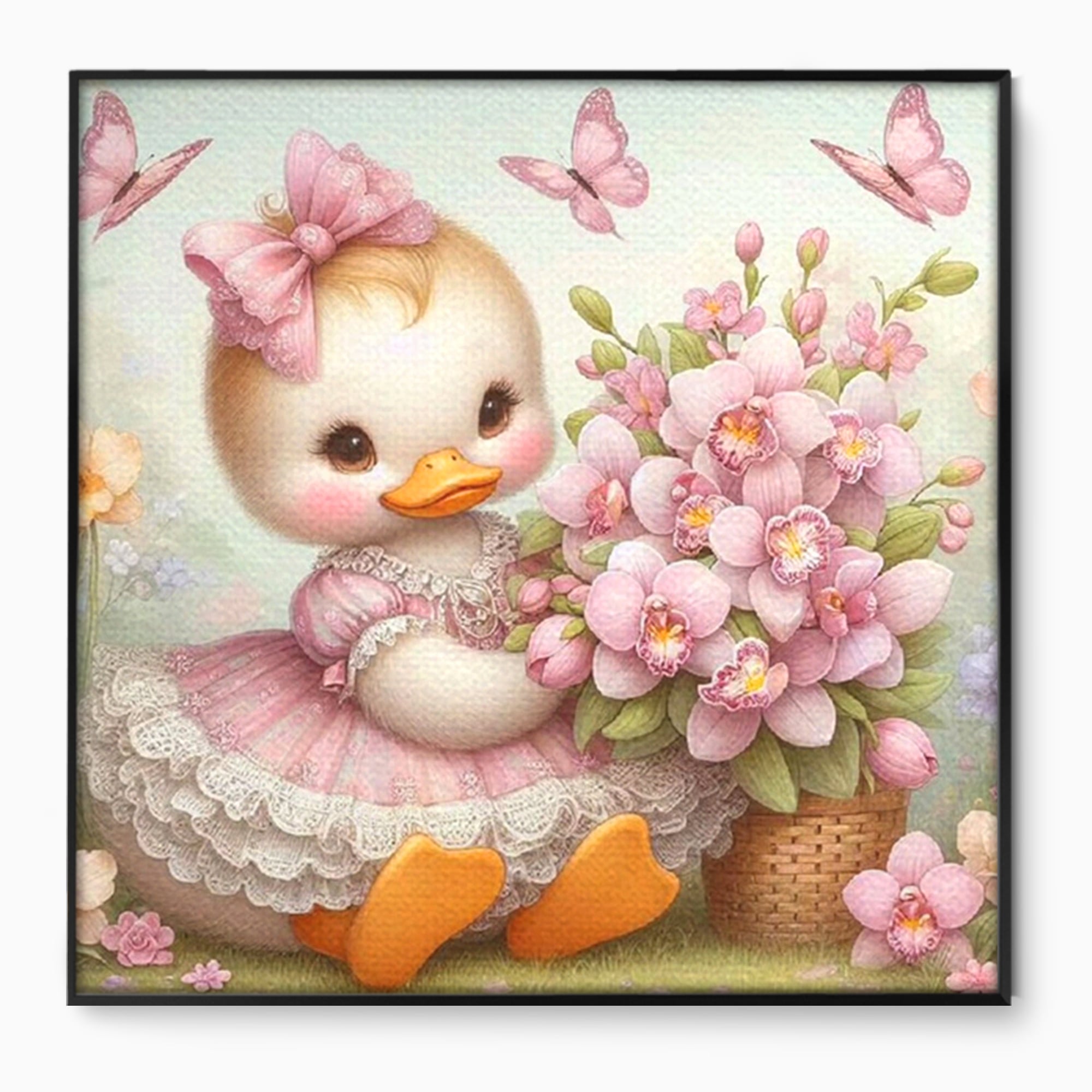 Leinwand Wandkunst Leinwand Wandkunst Premium, LuxCanva® K1060, Frühling Ballett, Orchideen, Blumen, Blütenblätter, Ente, rosa, Vogel, Schmetterlinge, rosa, Schmetterlinge, bezaubernd, Babyzimmer, Schlafzimmer