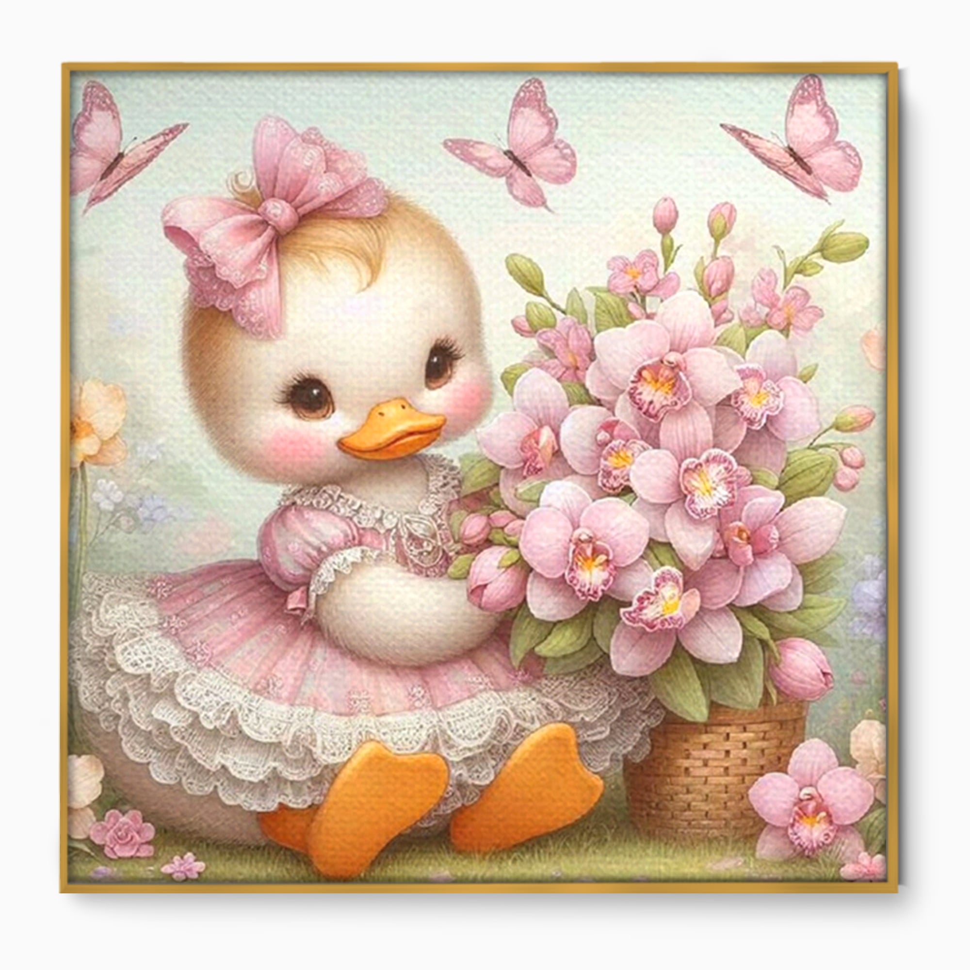 Leinwand Wandkunst Leinwand Wandkunst Premium, LuxCanva® K1060, Frühling Ballett, Orchideen, Blumen, Blütenblätter, Ente, rosa, Vogel, Schmetterlinge, rosa, Schmetterlinge, bezaubernd, Babyzimmer, Schlafzimmer