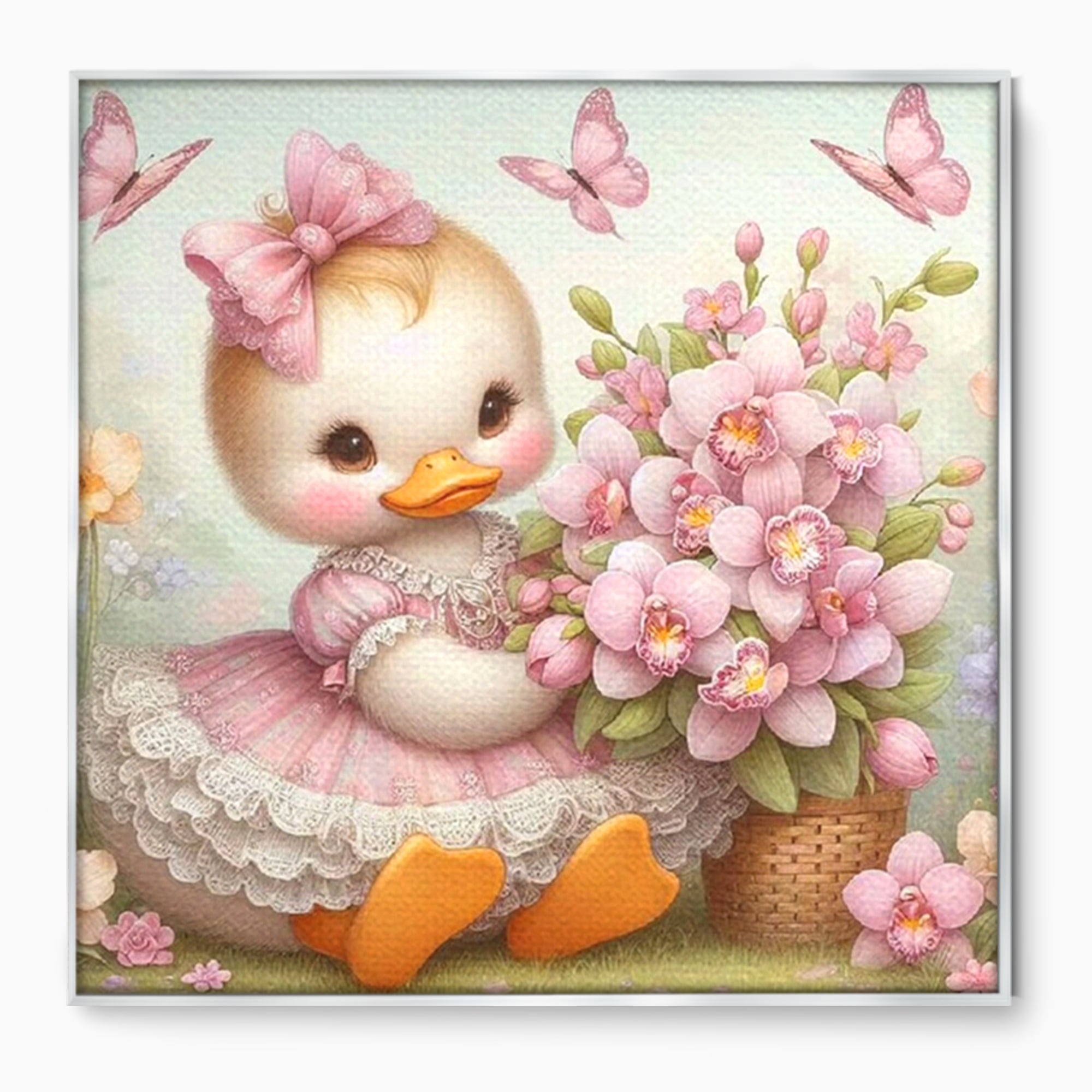 Leinwand Wandkunst Leinwand Wandkunst Premium, LuxCanva® K1060, Frühling Ballett, Orchideen, Blumen, Blütenblätter, Ente, rosa, Vogel, Schmetterlinge, rosa, Schmetterlinge, bezaubernd, Babyzimmer, Schlafzimmer