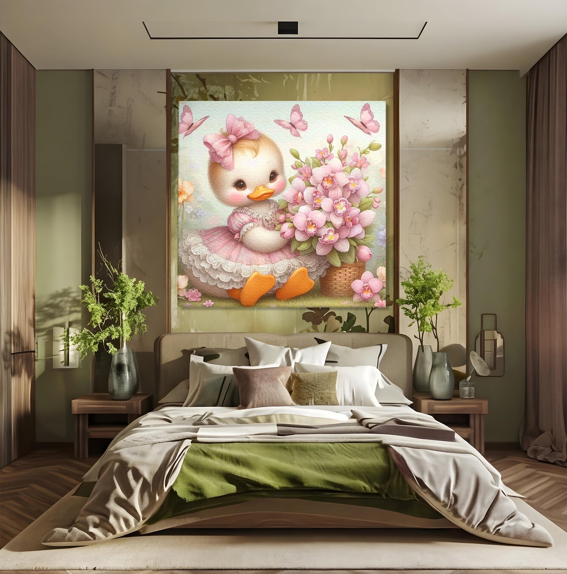 Leinwand Wandkunst Leinwand Wandkunst Premium, LuxCanva® K1060, Frühling Ballett, Orchideen, Blumen, Blütenblätter, Ente, rosa, Vogel, Schmetterlinge, rosa, Schmetterlinge, bezaubernd, Babyzimmer, Schlafzimmer