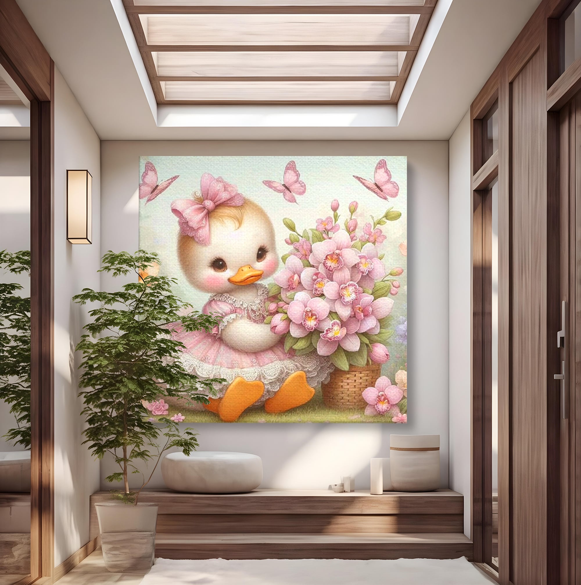 Leinwand Wandkunst Leinwand Wandkunst Premium, LuxCanva® K1060, Frühling Ballett, Orchideen, Blumen, Blütenblätter, Ente, rosa, Vogel, Schmetterlinge, rosa, Schmetterlinge, bezaubernd, Babyzimmer, Schlafzimmer