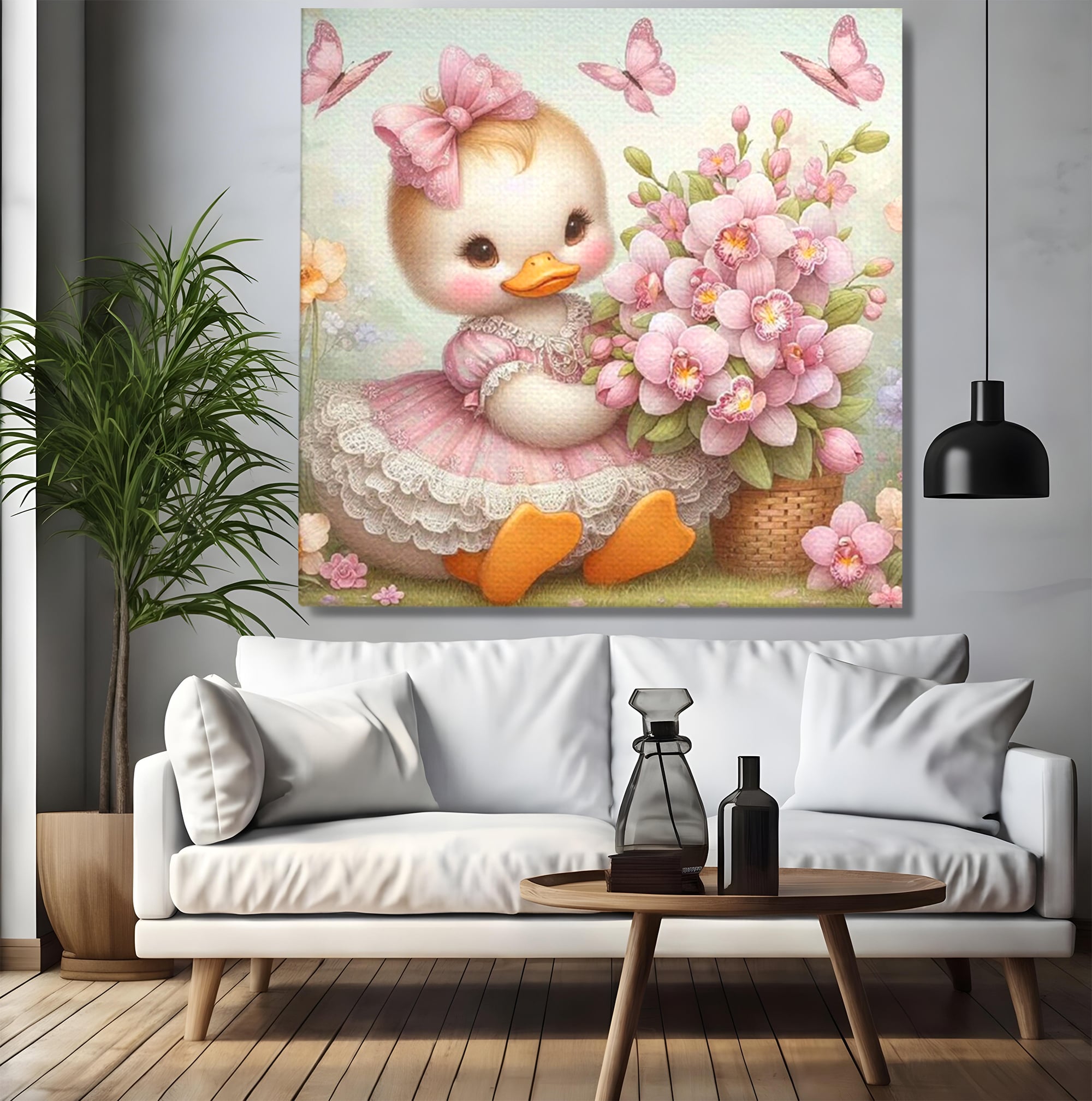 Leinwand Wandkunst Leinwand Wandkunst Premium, LuxCanva® K1060, Frühling Ballett, Orchideen, Blumen, Blütenblätter, Ente, rosa, Vogel, Schmetterlinge, rosa, Schmetterlinge, bezaubernd, Babyzimmer, Schlafzimmer