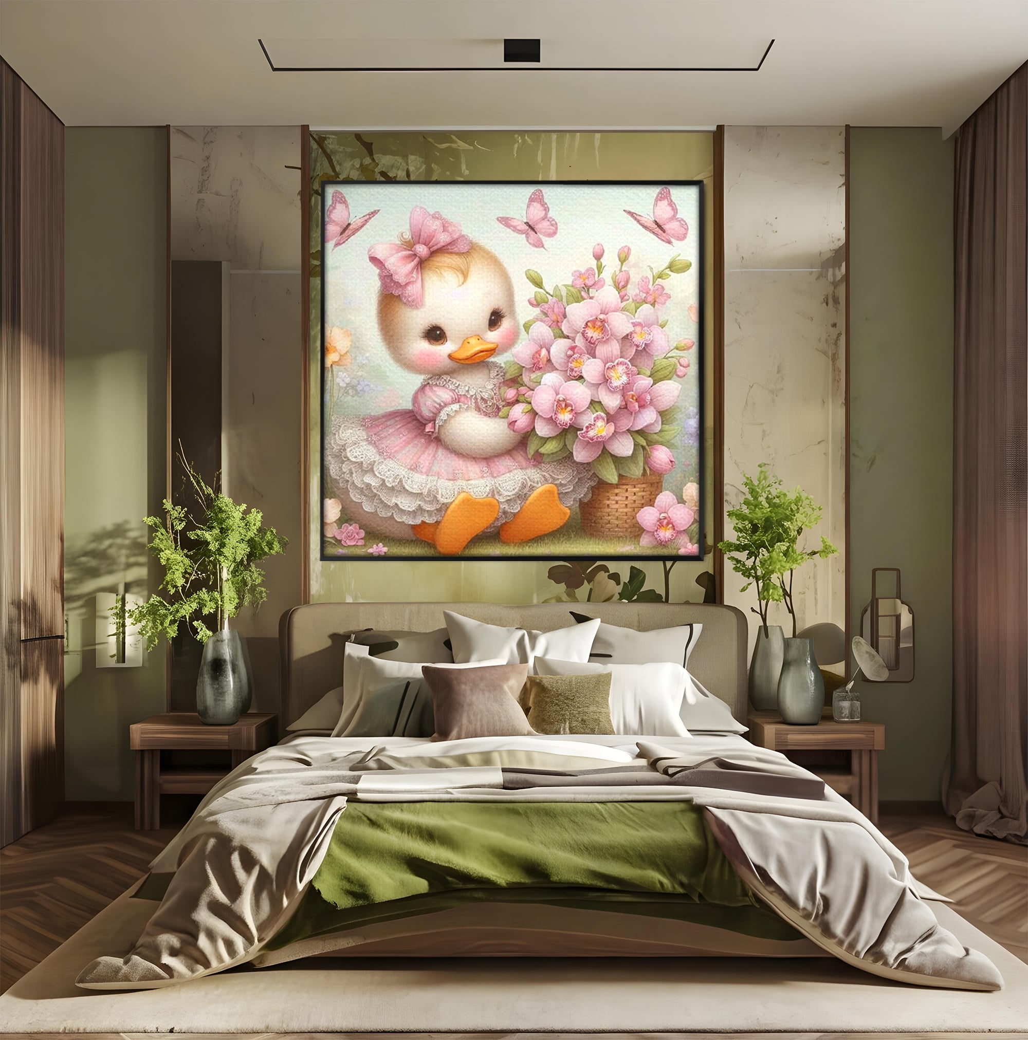 Leinwand Wandkunst Leinwand Wandkunst Premium, LuxCanva® K1060, Frühling Ballett, Orchideen, Blumen, Blütenblätter, Ente, rosa, Vogel, Schmetterlinge, rosa, Schmetterlinge, bezaubernd, Babyzimmer, Schlafzimmer