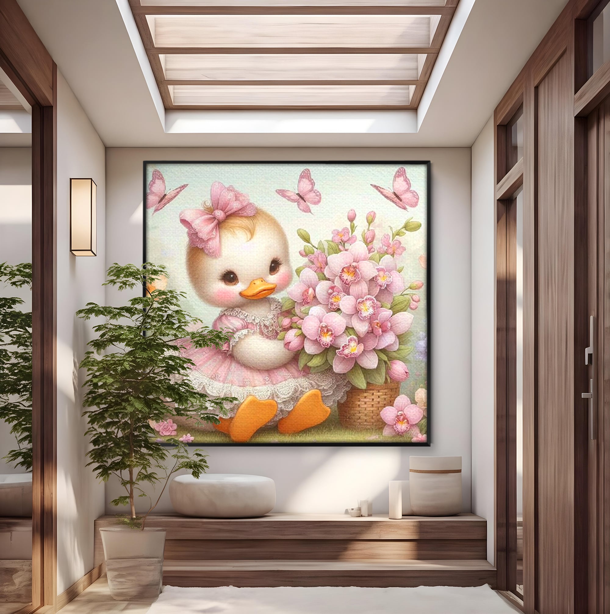 Leinwand Wandkunst Leinwand Wandkunst Premium, LuxCanva® K1060, Frühling Ballett, Orchideen, Blumen, Blütenblätter, Ente, rosa, Vogel, Schmetterlinge, rosa, Schmetterlinge, bezaubernd, Babyzimmer, Schlafzimmer