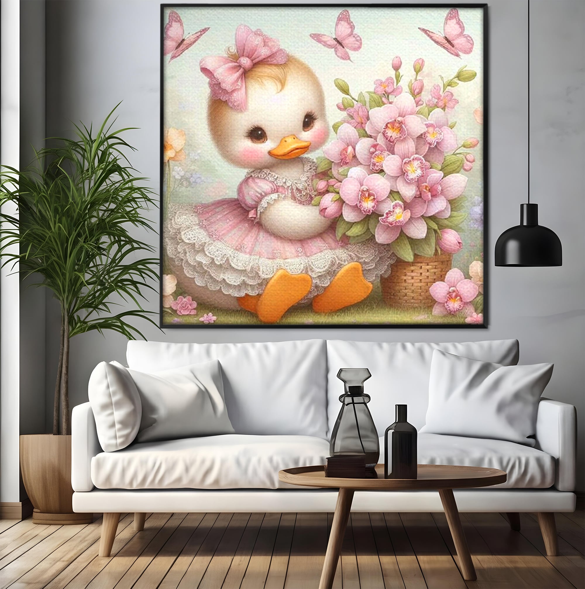Leinwand Wandkunst Leinwand Wandkunst Premium, LuxCanva® K1060, Frühling Ballett, Orchideen, Blumen, Blütenblätter, Ente, rosa, Vogel, Schmetterlinge, rosa, Schmetterlinge, bezaubernd, Babyzimmer, Schlafzimmer