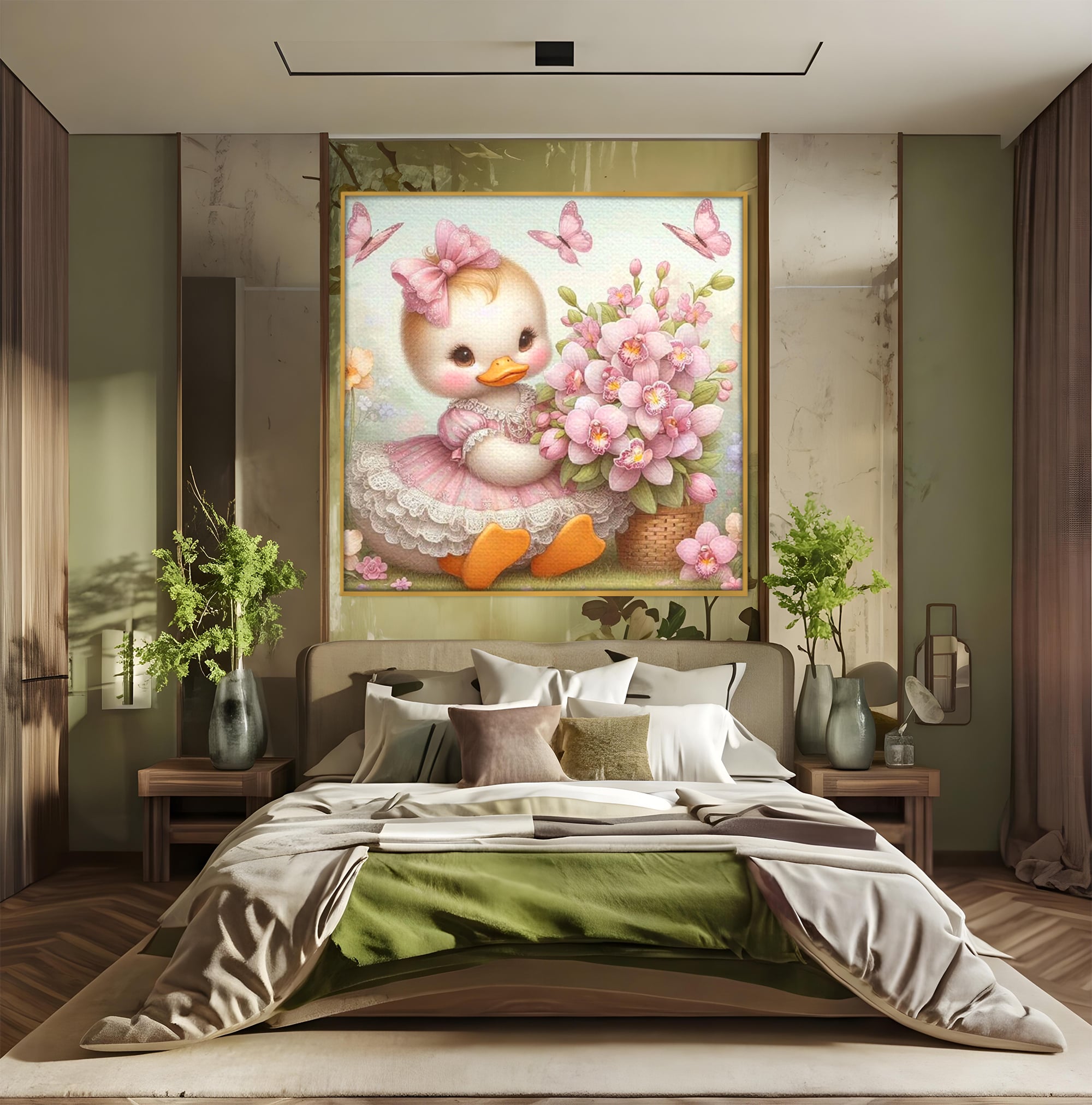 Leinwand Wandkunst Leinwand Wandkunst Premium, LuxCanva® K1060, Frühling Ballett, Orchideen, Blumen, Blütenblätter, Ente, rosa, Vogel, Schmetterlinge, rosa, Schmetterlinge, bezaubernd, Babyzimmer, Schlafzimmer